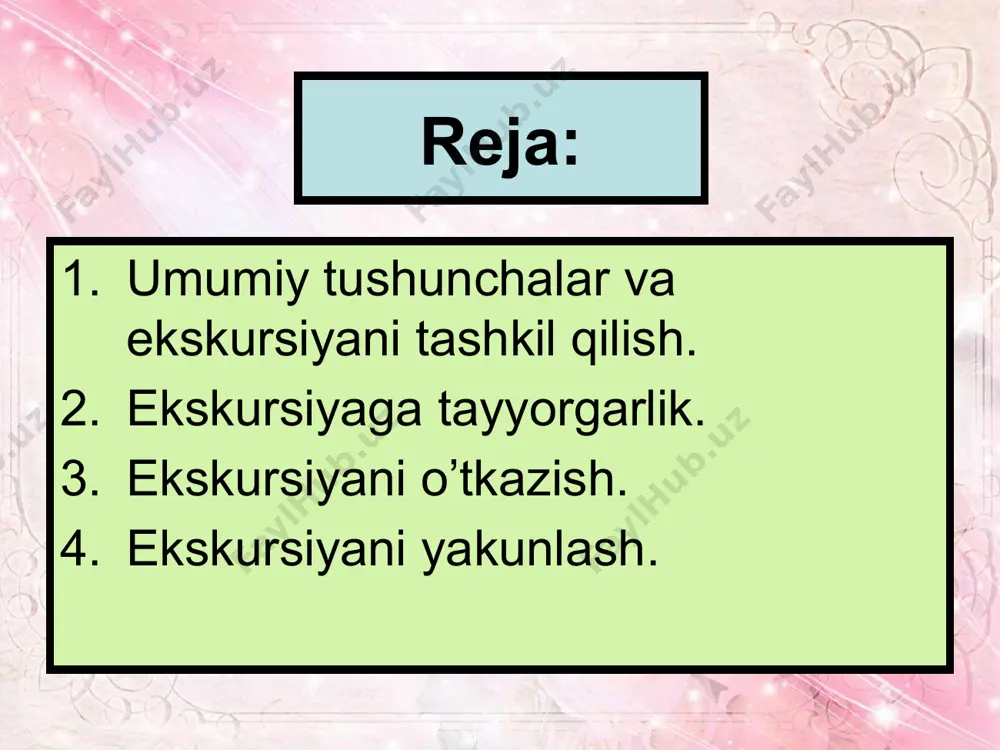 hilar butun ekskursiya ob’yektlari bilan tanisha oladigan qilib o’tkazish kerak. ekskursiya vaqtida o’qituvchi mumkin qadar o’quvchilarning mustaqil ishlashlariga imkon berishi va turli metodlardan hamda ish uslublaridan foydalanishi kerak. o’quv ekskursiyalari o’tkazish uchun kamida ikki soat vaqt ajratilishi lozim. ekskursiya so’ngida yakunlovchi yig’ilish yoki konferentsiya o’tkaziladi, bunda o’quvchilar qilingan ishlar haqida ahborot beradilar, to’plagan materiallarini ko’rsatadilar. ekskursiyada to’plagan materiallar – kollektsiyalar, gerbariylar maktab laboratoriyasini tegishli kabinetlarini boyitadi. yangi bilimlarni o’rganishda ekskursiya materiallaridan foydalanib borish maqsadga muvofiqdir. ekskursiyaga kirish suhbat bilan boshlanadi. ekskursiya ta'lim tarbiya berish shakllaridan biri bo'lib, unda o'rganilayotgan ob'ekt va hodisaning bo'lgan va ro'y berayotgan joyida kuzaliladi. ekskursiyada o'quvchilar o'rganayotgan ob'ekt yoki hodisani bevosita o'z ko'zlari bilan ko'rib o'rganish, shuningdek o'rganilayotgan ob'ekt va hodisani asli holida, o'z o'rnida kuzatish, tekshirish imkoniyatlari tug'iladi. o'rganiladigan ob'ektlarning ko'pligi, ko'lamining kengligi va xilmaxilligi jihatidan geografiya fanining ekskursiya bazasi juda katta. ekskursiya o'quvchilarda geografik tasavvur va aniq tushunchalar hosil qiladi. ekskursiya o'quvchilarga shuncha kuchli …