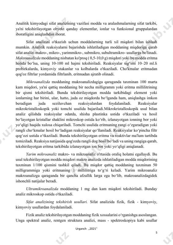 di. bunday analiz mikroskop ostida o'tkaziladi. sifat analizining tekshirish usullari. sifat analizida fizik, fizik - kimyoviy, kimyoviy usullardan foydalaniladi. fizik analiz tekshirilayotgan moddaning fizik xossalarini oʻrganishga asoslangan. unga spektral analiz, rentgen struktura analizi, mass - spektroskopiya kabi usullar kiradi. fizik - kimyoviy tekshirishda reaksiyalarning borishi haqida aniqlashga asoslangan. fikr yuritish moddalar va eritmalarning fizik - kimyoviy xossalarini spektrofotometriya, polyarografiya, xromatografiya va boshqalar bu usulga misol boʻladi. kimyoviy usullarda tekshiriladigan moddaning kimyoviy xossalaridan foydalaniladi. yarim mikroanaliz bir qator afzalliklarga ega : a) kam miqdordagi reaktivlarning ishlatilishi ; b) sentrifugalashni filtrlash bilan almashtirish ; v) kichik hajmli idishlardan foydalanish ; g) maxsus reaktiv ( dimetilglioqsim, α - nitroza - β - naftol) lardan foydalanish ; d) analizni tez bajarilishi ; e) laboratoriya havosining ifloslanmasligi. 1.2. analitik reaksiyalarning bajarilish usullari analitik reaksiya " quruq " va " hoʻl ” usullar bilan o'tkazilishi mumkin. quruq usulda tekshiriladigan modda va reaktivlar qattiq holatda olinadi va …