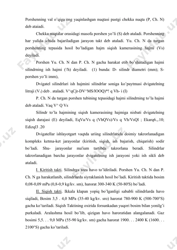 iii. ish yo’li takti. dizellarda siqish taktida aralashma yonib tugamasdan ish yo’li taktida ham, yonishda bir oz davoni etadi. ish yo’li taktining oxirida silindrlardagi bosim 0,2. , . 0,3 mpa (2,0-3,0 kg/kv. sm) harorat esa 900. . . 1200 k (600-900's) gacha pasayadi. iv. chiqish takti. bu taktda yonib bo’lgan ish aralashma silindrdan chiqarib yuboriladi. chiqarilgan gazlarning bosimi takt oxirida 0,11-0,12 mpa (1,1-1,2 kg/ kv. sm), harorat 650... 900 k (500-750°s) atrofida bo’ladi. karbyuratorli va dizel dvigatellarning ish jarayonida porshen ish yo’li taktida gazlar bosimi ta'siridan siljib tirsakli valni aylantiradi. kiritish, siqish va chiqarish taktlarida esa porshenrii maxoviknlng kirietik energiyasi hisobiga aylanuvchi tirsakli val harakatlantiradi, 3.ikki taktli dvigatelda kiritish va chiqarish klapanlari yo’q. yonuvchi aralashmani kiritish va ishlatilgan gazlarni chiqarish uchta teshik orqali porshen yordamida bajariladi. porshen silindr ichida yuqoriga harakatlanganda krivoshipii kamerada siyraklik hosil bo’ladi. porshen karbyuratorga tutashtirilgan kiritish tuynugini ochganda krivoshipli kameraga yonuvchi aralashma kiradi. porshen pastga harakatlanganda …