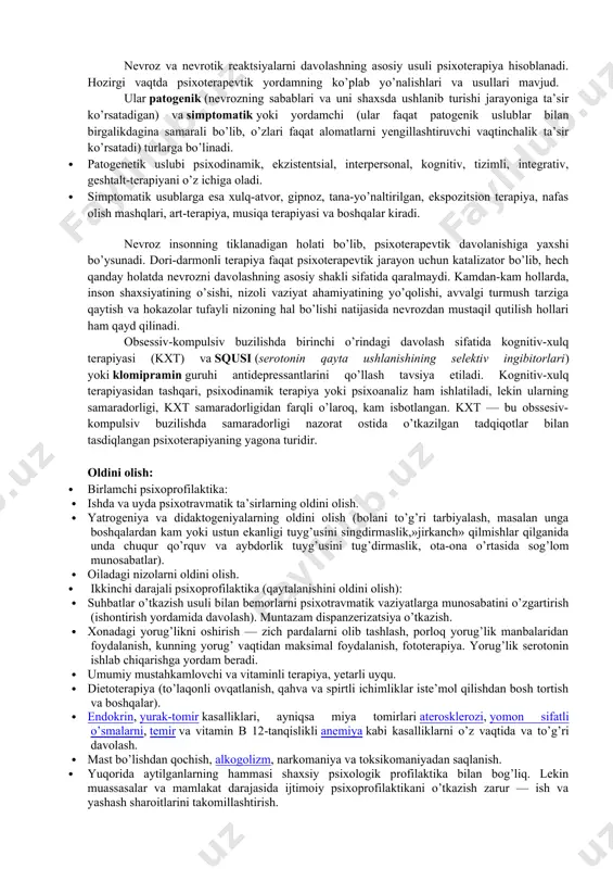 ovushlarga, yorqin nurlarga, harorat o’zgarishiga sezgirlik. · uyquning buzilishi: odamning ortiqcha qo’zg’alganligi sababli uxlab qolish qiyin kechadi; uyqu yuzaki, tashvishlantiruvchi, tetiklik bermaydigan bo’ladi; ertalab ko’pincha uyquchanlik kuzatiladi. jismoniy alomatlar · bosh, yurak og’rig’i, qorin sohasidagi og’riq. · tez-tez kuzatiladigan charchash hissi, charchoqning kuchayishi, mehnat qobiliyatining umumiy pasayishi. · xavotirlar, qon bosimining pasayib ketishi tufayli bosh aylanishi va ko’z qorong’ulashishi. · vestibulyar apparatlarning buzilishi: muvozanatni saqlash qiyinchiliklari, bosh aylanishi. · ishtahaning buzilishi (ortiqcha yoki kam ovqatlanish, ochlik hissi mavjudligi, lekin ovqat paytida tez to’yib qolish). · uyqu buzilishi (uyqusizlik): uxlab qolish qiyinligi, erta uyg’onish, tunda uyg’onib ketishlar, uyqudan keyin tetiklik tuyg’usi yetishmasligi, qo’rqinchli tushlar ko’rish. · jismoniy og’riqni psixologik boshdan kechirish (psixalgiya), ipoxondriyagacha olib boradigan o’z sog’lig’iga haddan ortiq g’amxo’rlik. · vegetativ buzilishlar: ko’p terlash, yurak urishi, arterial bosimning o’zgarishlari, me’da faoliyatining buzilishi, yo’tal, tez-tez siyish, axlatning suyuqligi. · ba’zan — libido va erektsiyaning pasayishi. 3. nevroz kasalligini davolash va oldini …