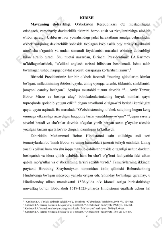 gini ta’kidlaydi. [2: karimov.i.a tarixiy xotirasiz kelajak yo’q. toshkent. “o’zbekiston” nashriyoti, 1998-yil. 136-bet.] [3: karimov.i.a yuksak ma’naviyat-yengilmas kuch. “ma’naviyat” nashriyoti, 2008-yil. 6-bet.] [4: karimov.i.a tarixiy xotirasiz kelajak yo’q. toshkent. “o’zbekiston” nashriyoti,1998-yil. 137-bet.] zahiriddin muhammad bobur hindistonni zabt etilishiga asli zoti temuriylardan bo’lmish bobur va uning hamrohlari jasorati tufayli erishildi. uning yoshlik yillari ham ana shu irqqa mansub qabilalar orasida o’tganligi uchun davlatni boshqarish va idora qilish uslubida ham bu cho’l o’g’loni faoliyatida ikki ulkan qabila mo’g’ullar va o’zbeklarning ta’siri sezilib turadi.6 temuriylarning ikkinchi poytaxti hirotning shayboniyxon tomonidan istilo qilinishi boburshohning hindistonga bo’lgan ishtiyoqi yanada ortgan edi. shunday bo’lishiga qaramay, u hindistonday ulkan mamlakatni 1526-yilda o’z idorasi ostiga birlashtirishga muvaffaq bo’ldi. boburshoh 1519-1525-yillarda hindistonni egallash uchun hal qiluvchi keng miqyosli beshta jangni amalga oshiradi. bu ulkan mamlakatni bo’ysundirish nihoyatda og’ir kechadi. “boburnoma”da muallif ilgari hindistonni fath etgan sulton mahmud g’aznaviy va afg’onistonlik shahobiddin muhammad g’uriylarning harbiy qudrati o’zining imkoniyatlaridan nihoyatda yuqori …