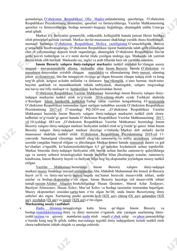 a nazorat qildi. oʻrta osiyo va qozogʻiston, yevropa sovet ittifoqi va sibir hamda shimoliy kavkaz va dogʻiston musulmonlari diniy boshqarmalari sunniy musulmonlar faoliyatini nazorat qildi, kavkazorti musulmonlari diniy boshqarmasi esa ham sunniylar, ham shialar diniy faoliyatini nazorat qildi. sovet ittifoqidagi musulmonlarning 90 foizi sunniy boʻlgan, qolgan 10 foizi shia boʻlib, ular asosan ozarbayjon ssrda istiqomat qilgan. oʻzbekiston musulmonlari idorasi — oʻzbekiston musulmonlariga rahbarlik qiluvchi diniy tashkilot. 1943-yil 20-oktabrda toshkentda boʻlib oʻtgan oʻrta osiyo va qozogʻiston musulmonlari qurultoyida taʼsis etilgan. toshkentdagi baroqxon madrasasida joylashgan. bu tashkilot 1992-yildan movarounnahr musulmonlari idorasi, deb yuritilgan, 1996-yildan hozirgi nomi bilan ataladi. u davlatdan ajralgan mustaqil tashkilot sifatida faoliyat yuritadi. idora oʻzbekistondagi musulmonlar oʻrtasida diniy ishlarni boshqarib turadi, fatvolar beradi, masjidlarga imom-xatiblar tayinlaydi, diniy xodimlar tayyorlaydi. moddiy jihatdan musulmonlardan masjidlarga tushadigan xayr-ehson, yordamchi xoʻjaliklar va boshqalar hisobiga taʼminlanadi. idora rahbar organi — oliy hayʼat. uning raisi muftiy hisoblanadi. idoraning huquqshunoslik, xalqaro aloqalar, taʼlim va kadrlar tayyorlash, …