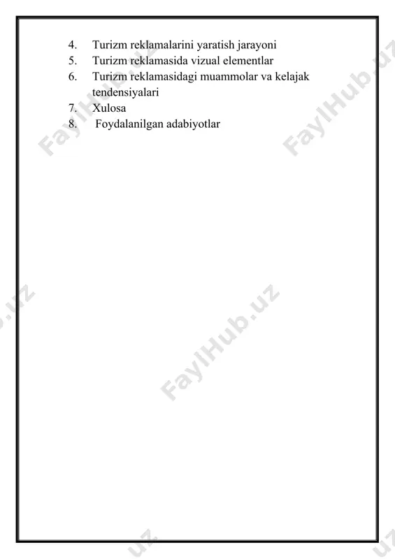 ik reklamaning eng dastlabki shakllaridan biri sifatida bosma ommaviy axborot vositalarining paydo bo'lishini, shu jumladan sayohat risolalari, plakatlar va risolalar ishlab chiqarishni ko'rib chiqing. b. sayohat agentliklari va og'zaki so'z: rasmiy reklama kanallaridan keng foydalanishdan oldin sayohat agentliklarining rolini va og'zaki tavsiyalarni yo'nalishlarni targ'ib qilishda muhokama qiling. texnologik taraqqiyot va ularning turizm reklamasiga ta'siri a. radio va televidenie davri: radio va televideniya davrining turizm reklamasiga ta'sirini o'rganing, bu vositalar yo'nalishlarga kengroq auditoriyani qamrab olishga qanday imkon berganligini ta'kidlang. b. raqamli inqilob: zamonaviy turizm reklamasida onlayn platformalar, ijtimoiy media va mobil ilovalarga o'tishga e'tibor qaratib, raqamli inqilobning transformativ ta'sirini muhokama qiling. b. turizm reklamasining nazariy asoslari aida modeli (diqqat, qiziqish, istak, harakat) a. aida ga kirish: aida modelini va uning turizm reklamasiga aloqadorligini tushuntiring, tomoshabinlar e'tiborini jalb qilish, qiziqish uyg'otish, istak yaratish va harakatga undashning ketma-ket bosqichlarini ta'kidlang. b. turizmda qo'llanilishi: aida modelining har bir bosqichiga mos keladigan muvaffaqiyatli sayyohlik kampaniyalariga …