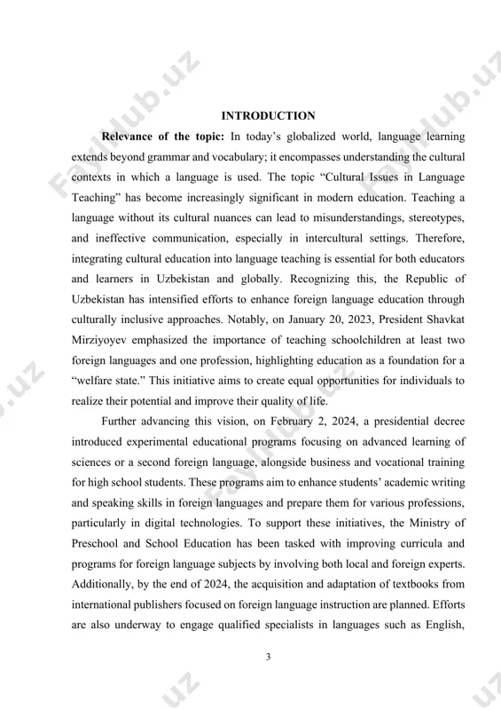 cient citizens. this focus reflects national priorities and global educational trends, underscoring the importance of this topic for contemporary educators and policymakers. the purpose of the study. the purpose of this study is to explore and analyze the role of cultural issues in language teaching and to identify effective methods for integrating cultural awareness into language education. as language and culture are inherently connected, the study aims to demonstrate how the inclusion of cultural elements enhances learners’ communicative competence and intercultural sensitivity. it also seeks to highlight the challenges that educators face when addressing cultural components in the classroom and to offer practical recommendations based on current educational reforms and global best practices. in the context of uzbekistan’s ongoing education reforms—particularly those outlined in recent presidential decrees—the study intends to assess how national policies support the integration of culture into language curricula. by doing so, the research will contribute to …