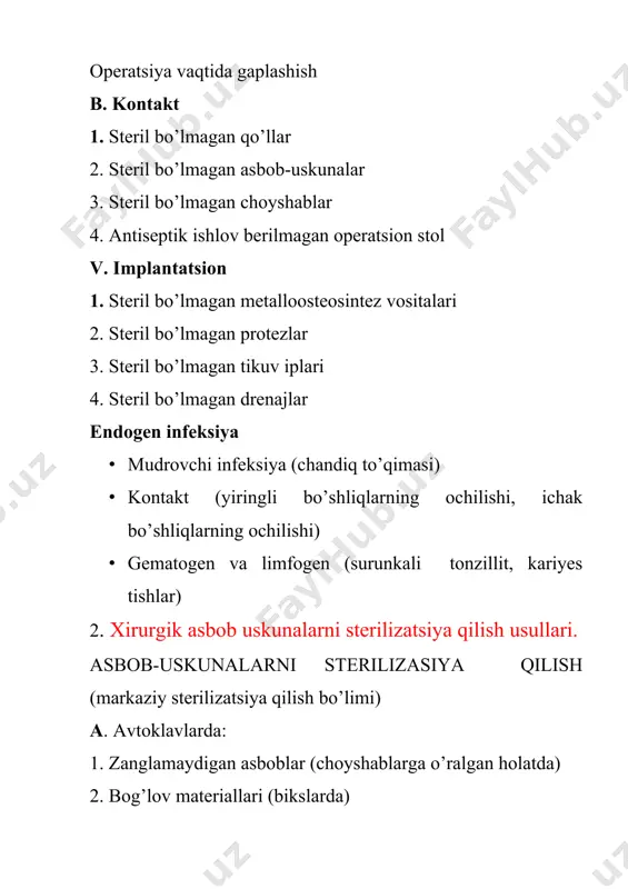 sokukotskiy – kochergin usuli. (0,5% nashatir spirti) 2. alfeld usuli. (96% spirt + 5% yod) 3. fyurbringer usuli. (70% spirt + 0,5% sulema eritmasi) ii. faqat terini oshlash: 1. bruno usuli. (96% spirt – 10 min.) 2. zabludovskiy usuli xirurg qo’lini sterilizatsiya qilish usullari qo‘lni antiseptik eritmalar bilan ishlov berish: bir bosqichli: antiseptiklar bilan yuvish. ko‘p bosqichli: sovun bilan yuvish, antiseptik eritmaga botirish, qo‘lqop kiyish. 4. operatsiya maydoniga operatsiya oldi va operatsiya vaqtida ishlov berish usullari. operatsiya maydoniga operatsiya oldi va operatsiya vaqtida ishlov berish usullari, asosan tibbiyot, sanoat va boshqa texnologik sohalarda ishlatiladigan metodlar va jarayonlardir. quyida ularning har biri haqida tushuncha beraman: 1. operatsiya oldi ishlov berish usullari (preoperative treatment methods): bu usullar, asosan jarrohlik amaliyotidan oldin amalga oshiriladi va bemorning holatini yaxshilash, amaliyot xavfini kamaytirish, infektsiya xavfini oldini olish va jarrohga yordam berish maqsadida qo'llaniladi. ular quyidagilardan iborat bo'lishi mumkin: · preoperativ diagnostika: operatsiyaga kirishishdan oldin bemorning …
