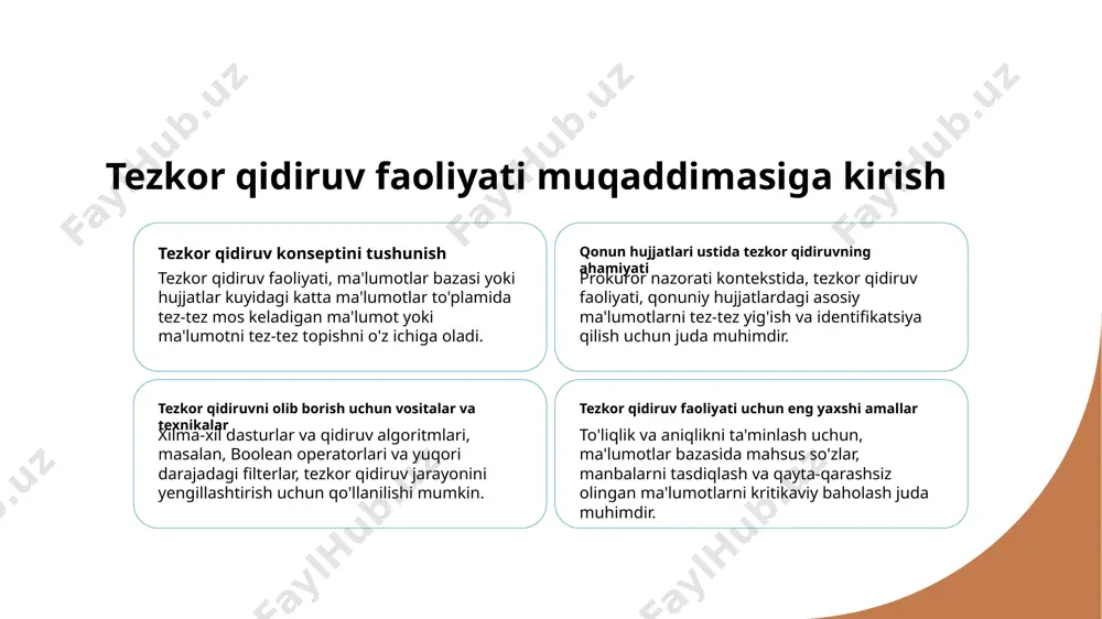 vchi qonun talabiga muvofiq ravishda o'tkaziladigan qonuni jarayonlarni ifodalaydi. tezkor qidiruv faoliyati ustidan qonunlar va tartibotlar tezkor qidiruv faoliyati uchun yasama kadrlari qonunlarini qidiruv buyrug'lari, ma'lumotlarni maxfiyligi, va tezkor qidiruv usullari orqali olingan isbotlarning qabul qilinishi bilan bog'liq bo'lishi mumkin. tezkor qidiruv faoliyati o'tkazishda chet tillar va cheklovlar tezkor qidiruv faoliyati o'tkazishda ba'zi chet tillar, jismoniy huquqlarni himoya qilish va isbotning integratsiyasini ta'minlash zarurligini muhofaza qilishni o'z ichiga oladi. qonuni talablarga rioya etish uchun eng yaxshi amaliyotlar tezkor qidiruv faoliyati ustidan qonuni talablarga rioya etish uchun eng yaxshi amaliyotlar, to'g'ri e'tirozni olish, qidirish jarayonini hujjatlash, va qonuni standartlarga muvofiq isbotlarni saqlashni o'z ichiga oladi. tezkor qidiruv faoliyati ustidan prokuror nazorati bilan bog'liq muammolar 1 2 3 tezlik va aniqlilikni saqlash ma'lumotlar ortiqchasi boshqarish tartibotni muhofaza qilish tezkor qidiruv faoliyati ustidan prokuror nazorati tezroq qidirish va jarayonni samarali va aniqlik bilan bajarishning to'g'ri tenglikni topishni talab qiladi. tezkor qidiruv faoliyati bilan …