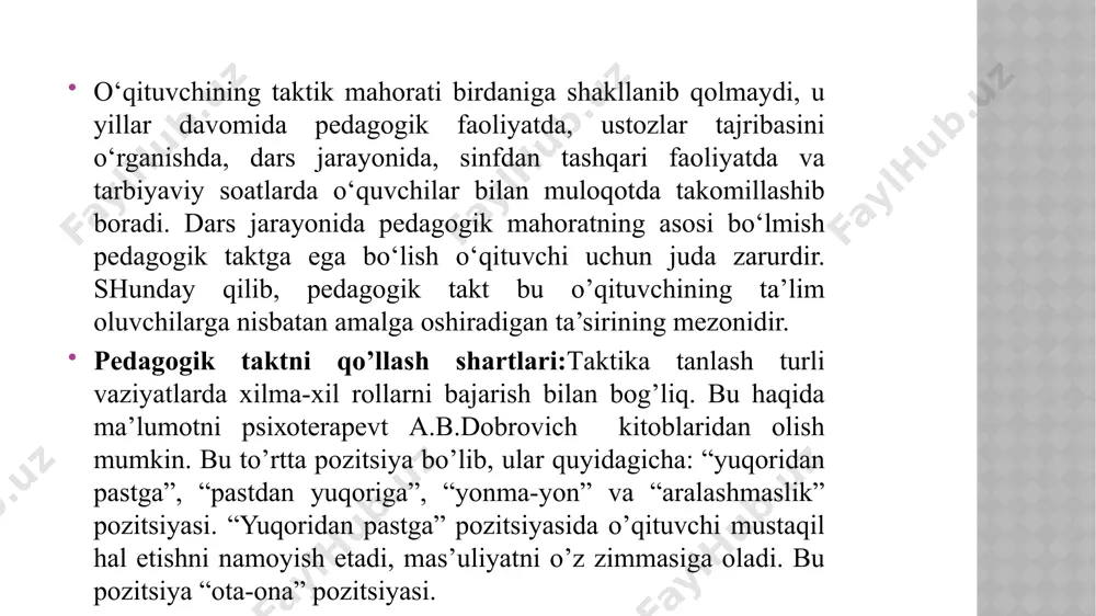 ituvchining ma‘naviy qiyofasi halolligi, pokligi, rostgo’yligi kabilar o’qituvchi axloqining muhim fazilatlari hisoblanadi. ularning chuqur va puxta o’zlashtirish bo’lajak o’qituvchi uchun katta amaliy ahamiyat kasb etadi. e’tiboringiz uchun rahmat image1.jpeg image2.png image3.jpeg image4.jpeg image5.jpeg