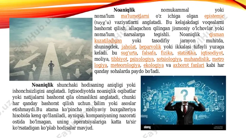 l natejalarning o’zgaruvchanlik mezonini aniqlashga yordam beradi. ehtimollik matematik-oldindan aniqlash mumkin bo’lgan ehtimol.tanganing gerb yoki raqamli tomoning tushish ehtimoli 1/2ga teng yoki narda toshining oltita raqamdan birining tushish ehtimoli 1/6 ga tengligi misol bo’lishi mumkin. statistik ehtimol-faraz qilish yo’li bilan bog’liq ehtimol(emperik). faraz qilaylik korxonaga xom ashyoni yetib kelish ehtimoli. bu voqiylikni takrorlanishi haqida ma’lumotlar yo’q. bunda bitta hoddisani har hil insonlar har hil qeymatdagi ehtimoli bilan baholaydi. tavakkalchilikni aniqlash uchun biror voqea yoki hodisaning olib kelishi mumkin bo’lgan barcha oqibatlari va bu oqibatlarining ehtimolini bilish kerak bo’ladi kutilgan miqdor- bu mumkin bo’lgan barcha natejalarning o’rtacha o’lchangan qiymatlari. bu yerda har bir natejaning ehtimoli ushbu mos qeymatlarning takrorlaninsh chastotasi yoki o’lchovi. risk value=probability of the event x cost of the event - 𝜋 i-ushbu natejani paydo bo’lish ehtimoli - xi-mumkin bo’lgan nateja chetlanish chetlanish bu- haqiqiy nateja bilan kutilgan nateja o’rtasidagi farq. ushbu farq qancha katta bo’lsa o’rtadagi yo’qotishlar ham …