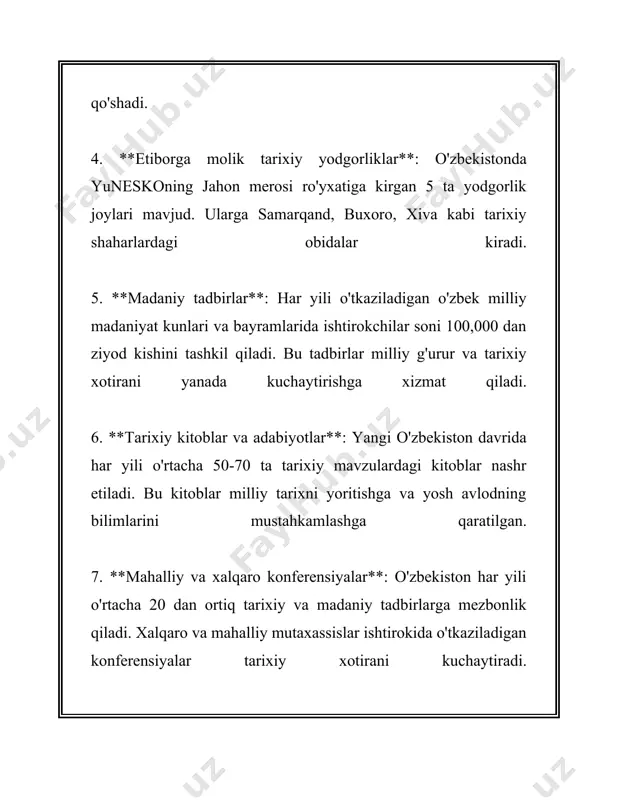 ga yaqin qayta tayyorlash va malaka oshirish kurslari tashkil etangan boʻlib, ularda davlat xizmatchilari va mutaxassislar ishtirok etmoqda. yuqoridagi maʼlumotlar oʻzbek tili va adabiyoti ravnaqini yanada oshirish yo'lidagi faoliyat, resurs va yondashuvlarni ochib beradi. shu jarayonda oʻzbekistonda olib borilayotgan ilmiy, amaliy va madaniy hatti-harakatlar natijasida jamiyatimizda til va adabiyotning mavqei yanada mustahkamlanib bormoqda. 3. ma'naviyat va ma'rifat tadbirlarining o'sishi ma'naviyat va ma'rifat jamiyat hayotida muhim o‘rin tutadi va ularning rivojlanishi orqali insonlar ongini yuksaltirish, milliy g‘ururni oshirish hamda madaniy zaminga energiya bag'ishlash mumkin. shu sababli o‘zbekistonda ma'naviyat va ma'rifat sohasidagi tadbirlarning o‘sishi va ularning ahamiyati katta e’tiborga sazovor. ma'naviyat va ma'rifat tadbirlarining o‘sishi ko‘p jihatdan davlat tomonidan berilgan qo‘llab-quvvatlash va muayyan strategiyalar orqali amalga oshirilmoqda. 2017 yilda o‘zbekiston respublikasi prezidenti shavkat mirziyoyev tomonidan "ma'naviyat va ma'rifat sohasini rivojlantirish to'g'risida" qaror qabul qilindi. ushbu qaror doirasida ma'naviyat va ma'rifatning jamiyatdagi o‘rni va ahamiyatini oshirish, aholi ongida milliy g‘urur va ma'rifat o‘stdirishga …