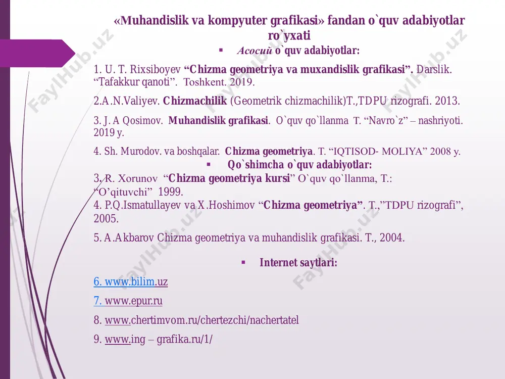 tekislikning proyeksiyalar tekisliklari bilan kesishgan chiziqlari tekislikning izlari deyiladi tekislik shu tarzda berilsa, uni izlari bilan berilgan tekislik deb yuritiladi va p(ph,pv, pw) tarzida yoziladi. tekislikni chizmada izlari bilan tasvirlash ancha qulay va afzaldir. tekislikning ox, oy va oz koordinata o‘qlari bilan kesishgan nuqtalari px, py, pz bilan belgilanadi, ya’ni px=p∩ox, py=p∩oy, pz=p∩oz. p tekislikning h tekislik bilan kesishgan ph=p∩h chizig‘i uning gorizontal izi, v tekislik bilan kesishgan pv=p∩v chizig‘i frontal izi va w tekislik bilan kesishgan pw=p∩w chizig‘i profil izi deb ataladi. 2.tekislikning izlarini yasash 2-rasm har qanday geometrik shakllar orqali berilgan tekislikning izlarini yasash mazkur tekislikka tegishli bo‘lgan to‘g‘ri chiziqlar izlarini yasash bilan bajariladi. a∩b kesuvchi chiziqlar bilan berilgan tekislikning gorizontal izini yasash uchun to‘g‘ri chiziqlar gorizontal izlarining a′h, a″h, va b′h b″h proyeksiyalarini topamiz. agar to‘g‘ri chiziqlarning gorizontal izlarining gorizontal a′h va b′h proyeksiyalarini o‘zaro tutashtirsak, tekislikning ph gorizontal izini hosil qilamiz. xuddi shu tarzda tekislikning pv …