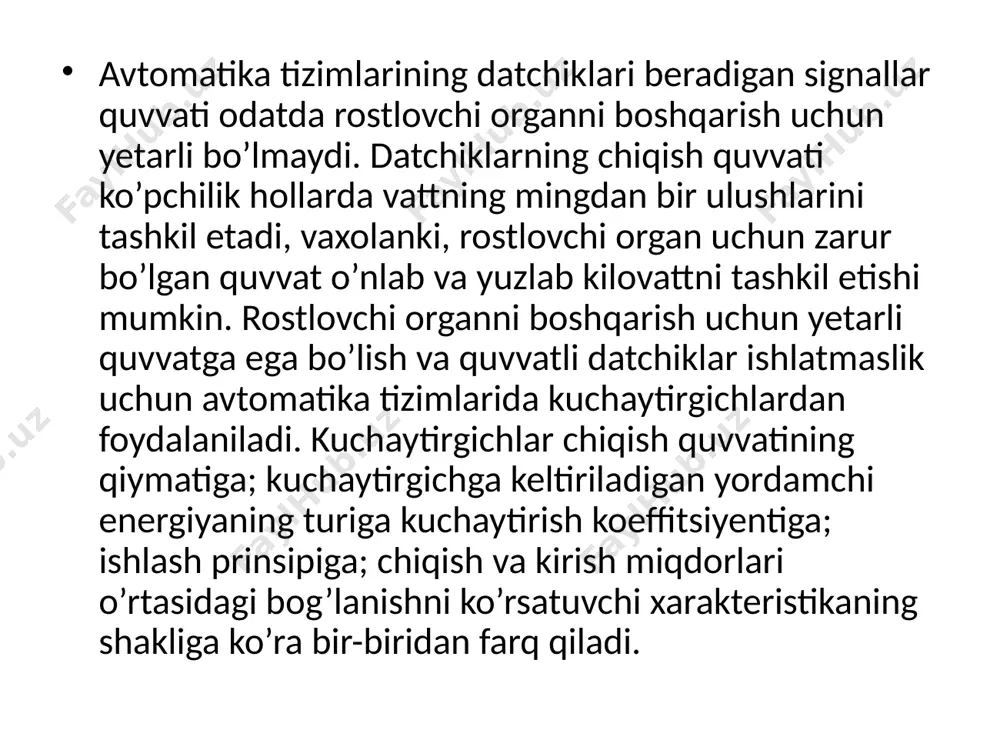 sh halqalari to'plami orqali etkazib beriladi. slip uzuklari statsionar platformadagi elektr quvvat m anbaiga va aylanadigan platformadagi elektr jihozlariga ulanadi. keyin elektr quvvati slip halqalari orqali va aylanadigan platformadagi elektr jihozlariga uzatilad shlangi qo'lda nasoslar quvvat ishlab chiqarish uchun suyuqlik quvvatidan foydalanadigan qurilmalardir. ular qurilish, avtomobilsozlik va ishlab chiqarish kabi turli sohalarda keng qo'llaniladi. biroq, qo'lda ishlaydigan gidravlik nasoslardan foydalanganda, ularning xavfsiz va samarali ishlashini ta'minlash uchun ba'zi ehtiyot choralarini his obga olish kerak. 3 pnevmatik kuchaytirgichlar pnevmatik kuchaytirgichlar gazning kuch oqimlari bilan boshqarish uchun ishlatiladi. bunda boshqarish signalining kichik quvvati chiqish signalining katta quvv atiga o`zgaradi. pnevmatik kuchaytirgichning ijro mexanizmi quyidagi rasmda ko`rsatilgan. membrana yopuvchi elementni pastga siljitadi, gazni atmosferaga chiqish yo`lini yopadi va kuchaytirgichni chiqish liniyasiga o`tish yo`lini ochadi. qachonki gazning atmosferaga chiqishi to`liq yopilganda chiqish bosimi ta‟minlash bosimiga teng bo`lib qoladi. boshqarish bosimi yo`qolganda yopuvchi element ta‟minlash liniyasidan kuchaytirgichning chiqish liniyasiga o`tish yo`lini qayta yopib, yuqori ko`tarilgan …