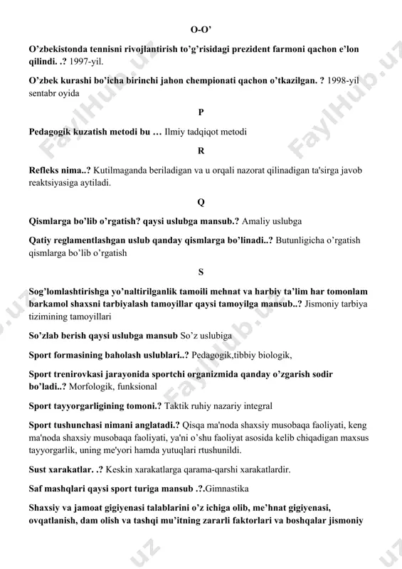 uchlariga nimalar kiradi? suv, havo, tuproq, quyosh nuri, tezlik nima? individ harakatlarining tezlik xarakteristikasi, asosan harakat reaksiyasining vaqtini belgilovchi funksional xususiyatlarning kompleksi tezlik nomoyon bo’lishining 1-shakli? yakkaharakat tezligi tezlikni keskin o’zgartirmay bajariladigan harakatlar qanday harakatlar deyiladi.? tekis harakat. to’g’ri xarakatlar.? yo’nalishi, ampilitudasi. tezligi va boshqa xarakteristikalariga ko’ra xarakat vazifasiga xamda uni xal qilish shartlariga mos keladigan xarakatlardir. tezkorlik deb nimaga aytiladi..? kishining eng qisqa vaqt ichida xarakatini bajarish qobiliyatidir tezkorlikni namoyon bo`lishining asosiy shakli..? xarakat reaktsiyasining lotent davri, ayrim xarakatlar tezligi va xarakatlar chastotasi. tezkorlikning rivojlantiruvchi mashqlar guruxi...? siklik, atsiklik, aralash. tezkorlikni oshiruvchi mashqlar.? atsiklik mashqlar texnika negizi qanday qisimlarga bo’linadi.? asosi, zvenosi va tehnika detallariga bo’linadi tekis harakat deb nimaga aytiladi.? tezlikni keskin o’zgartirmay bajariladigan harakatlar tashqi kuchlar deb nimaga aytiladi.? kishi gavdasiga tashqaridan ta’sir etuvchi kuchlar u umumiy jismoniy tarbiya qayerlarda amalga oshiriladi..? maktabgacha ta’lim va umum ta’lim umumiy egiluvchanlik.? yirik katta bo’g’imlarda harakatni maksimal amplitudada bo’lishi y …