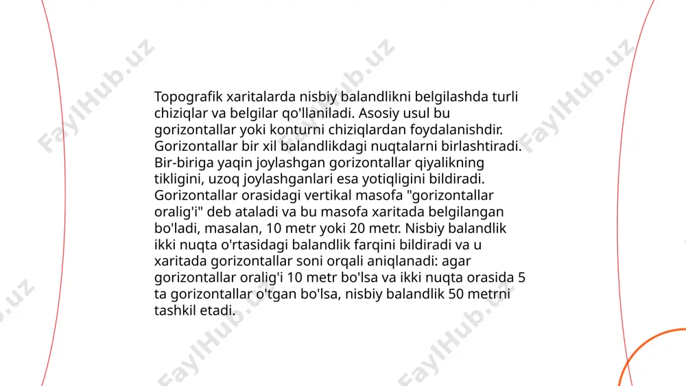adi. uchta sun'iy yo‘ldosh orqali joylashuv aniqlanadi, to‘rtinchi sun'iy yo‘ldosh esa nisbiy balandlikni hisoblashi uchun kerak. nisbiy balandlik o‘lchashda asosiy e'tibor gps qabul qiluvchisining holatiga qaratiladi va ma'lumotlar geoid modeli bilan solishtiriladi. shuningdek, gps receiverlar metriya tizimida aniqlikka ega va tarkibiy sharoitlar va iqlim holatlariga bog‘liq. gps orqali aniqlangan balandlik ko‘pincha 0.5-1.5 metr xato bo‘lishi mumkin. endi qator zamonaviy gps tizimlari barometr yoki boshqa sensorlar bilan birgalikda aniqlikni oshirishga imkon beradi. joyda nuqtalar orasidagi nisbiy balandlikni aniqlash asadbek sultonov e'tiboringiz uchun raxmat! image1.png image2.png image3.png image4.jpeg image5.png image6.jpg image7.jpeg /docprops/thumbnail.jpeg
