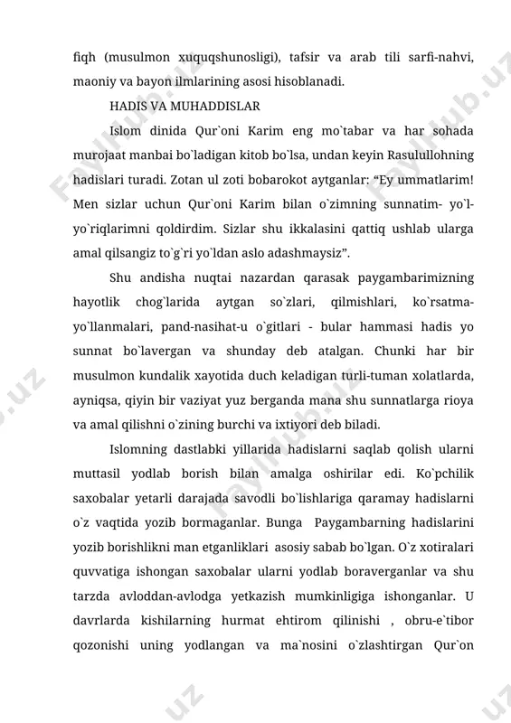 arga yozib borganlar. ilk muxaddislardan biri abu said al-xudriy payg`ambardan hadislarni yozib borishga ruxsat so`raganda, rad javobini olganligi tarix manbalaridan ma`lum. ilk yozilgan xadislar katoriga muxammad payg`ambarning xorijiy o`lkalarga (vizantiya imperatoriga, eron shoxiga, misr va hindiston hukmdorlariga) yo`llagan maktublari ham kiradi. undan tashqari ko`plab vasiqa va hujjatlar ham bo`lganki, ular ham ilk bor yozilgan hadislardan hisoblanib, ularda islomga da`vat, odamlarni ma`lum vazifalarga tayinlash, yer va undan olinadigan soliqlar, imon va tavsiya maktublari, payg`ambarga kelgan xatlarga javoblar aks etgan. hijriy iii asr (ix-melodiy) boshlariga kelib, hadis haqida ko`plab kitoblar yozila boshladi. xadis ilmining bu “oltin asri”da al -buxoriy, muslim, an-nasoiy, abu dovud, at-termiziy, ibn mojja kabi imomlar “al-jome`” va “as-sunan”nomli kitoblarini yozganlar. bu asarlar “kutubi sitta” (“olti kitob”) nomi bilan mashxurdir. imom al- buxoriy imom abu abulloh muhammad ibn ismoil ibn ibrohim ibn al-mug`ira al-buxoriy 194/810 yili buxoroda tug`ilgan. u o`n yoshidayoq o`z diyoridagi muxaddislardan xadis eshitib, uni yodlashga kirishgan va …