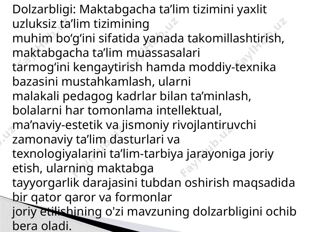 rida hali mehnat malakalari yòq,qòl muskullari yaxshi rivojlanmagan bòladi. xulosa inson psixikasi mana nechi yillar mobaynida asta sekinlik bilan rivojlanib kelmoqda. psixik rivojlanish va bu o’zgarishlarga sabab bo’ladigan kuchlar o’rtasidagi munosabat qonunlarini o’rganish - yosh davrlari psixologiyasi va pedagogik psixologiya fanining muhim va dolzarb muam’adlaridan biridir. inson shaxsining psixik rivojlanishi va uning shakllanishi murakkab tadqiqot jarayonidir. zero, uning o’ziga xos xususiyatlari va qonuniyatlarini asosli ilmiy bilish, o’quvchi shaxsiga pedagogik jihatdan ta`sir ko’rsatishning zarur hartidir. inson - biosotsial mavjudotdir. uning birligi, bir tomondan, kishining psixik, tug’ma ravishda tashkil topgan -xususiyatlari (masalan, ko’rish yoki eshitish sezgilarining, shuningdek, oliy nerv tuzilishining o’ziga xos xususiyatlari), ikkinchi tomondan esa faoliyatning ongli sub`ekti va ijtimoiy taraqqiyotning faol ishtirokchisi sifatada uning xulq-atvor image1.jpeg image2.jpeg