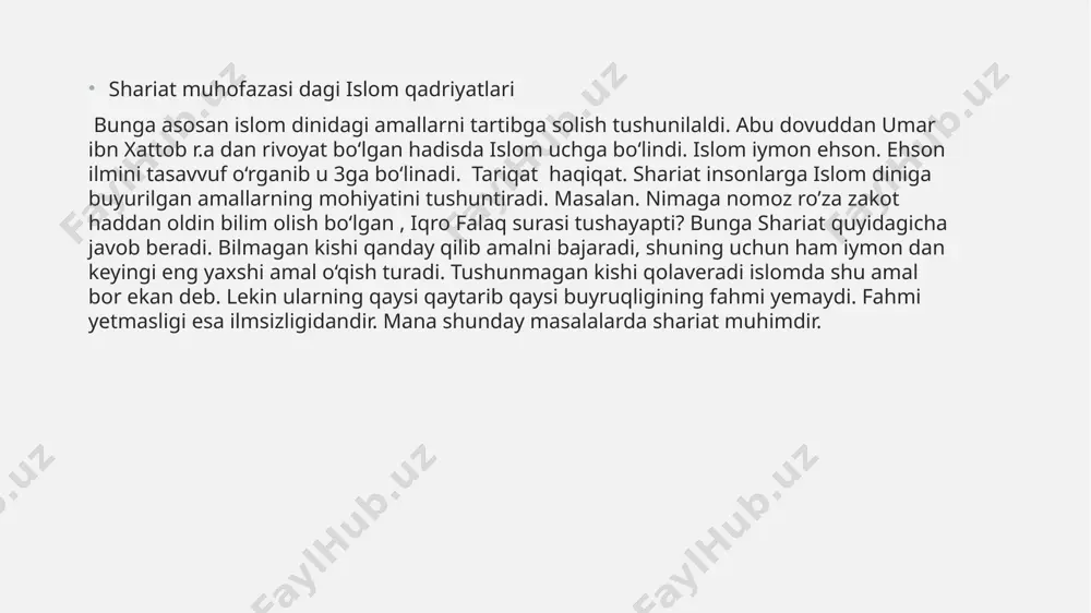 igidandir. mana shunday masalalarda shariat muhimdir. tasavvuf talimotida islom qadriyatlarining yoritilishi bu ham yuqoridagi hadisda boģlanib turadi. ehson ilmini tasavvuf ilmi o’rgatadi. tasavvuf da shariat islomga qanday amal qilishni, tariqatining esa bu amalni qilayotganda inson hus tuyulardi o‘zini tuta bilishni o’rgatadi. haqiqat esa hadislari amal qilishni o’rgatadi. ehson ilmi shunday ilmi,, ollohi ko‘rib turgandek ibodat qilish tushunildi. bu ehson ilmi musulmonlarni ollohga ibodat qilishda eng yuksak darajaga olib olib chiqadi. endi biz xudoni ko’rmasam ham , xudo bizni ko‘rib turibdi . shu narsaga e’tibor berish kerakki olloh bizni ko’radi qo’llaydi yashatadi yaqin bo‘ladi.olloh bizga risq beradi. bu haqida qur‘onda shunday deyiladi ,, biz silardan risq so‘ramasmiz biz sizlarga risq bergivchimiz “ deyiladi to’la surasi 132 chi oyatdab image1.jpeg image2.jpeg image3.jpeg /docprops/thumbnail.jpeg