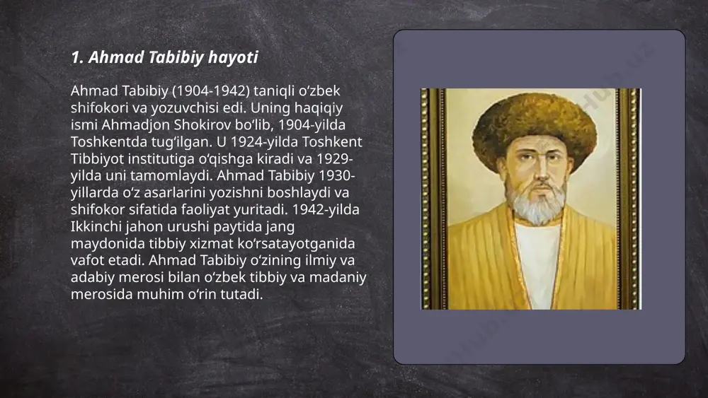 iy ijodi o'z davrining dolzarb mavzularini yoritib, zamonaviy o'zbek adabiyoti rivojiga katta hissa qo'shdi. ... t.me/slaydai_bot 7. ahmad tabibiy uslubi ahmad tabibiy, o‘z davrining taniqli tabibi va olimi bo‘lib, tibbiyot sohasida muhim ishlarni amalga oshirgan. uning asarlari ichida "tibbiynoma" va "shifo" kitoblari alohida o‘rin tutadi. ahmad tabibiy birinchi marta jismoniy mashqlar va ovqatlanish sog‘liq uchun qanchalik muhimligini ilmiy asosda yozib qoldirgan. uning tadqiqotlari sharq va g‘arbda keng tarqalib, ko‘p asrlar davomida tibbiyot ilmining rivojlanishiga hissa qo‘shgan. uning uslubi - aniq, tizimli va ilmiy yondashuv bo‘lib, mazkur yondashuv keyingi avlod shifokorlariga ham ta’sir ko‘rsatgan. ahmad tabibiy o‘z asarlarida turli kasalliklar uchun tabiiy davolarni tavsiya qilgan. ... t.me/slaydai_bot ahmad tabibiyning tarbiyaviy ta'siri ko‘zga ko‘ringan, u o‘z asarlari orqali shaxsiy fazilatlarni shakllantirish va jamiyatni axloqiy jihatdan boyitishga xizmat qilgan. uning maqollari va hikmatli so‘zlari o‘zbek xalq adabiyotida muhim o‘rin tutadi. tabibiyning eng mashhur asarlari orasida "miftohul adab" va "risolayi ishq" kabilar bor. ushbu …
