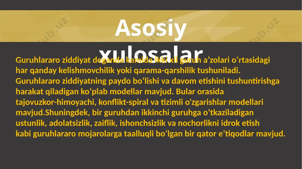 i haqidagi doimiy tushunchasi atrofida aylanadi. atamalar bular bilan ham tanishib chiqamiz 76% 70% 50% 80% 88% adolatsizlik guruhlararo to'qnashuvga olib keladigan ikkinchi e'tiqod - bu odamga nisbatan adolatsiz munosabatda bo'lganligiga ishonish zaiflik guruhlararo mojaroga olib kelishi mumkin bo'lgan uchinchi e'tiqodlar to'plami - bu boshqalar tomonidan zarar ko'rishga moyil ekanligiga ishonish. ishonchsizlik guruhlararo mojaroga olib kelishi mumkin bo'lgan to'rtinchi e'tiqod - ishonchsizlik. ojizlik guruhlararo mojaroga olib kelishi mumkin bo'lgan e'tiqodlarning beshinchi va oxirgi to'plami bu nochorlikdir. 01 ma’lumotlar nularni ham ko’rib chiqamiz 1 2 guruh hajmi muhim omillardan biri bu guruh hajmi. boshqa hamma narsa teng bo'lsa, guruhdagi odamlar soni qanchalik ko'p bo'lsa, guruhlararo mojaroga aralashish ehtimoli shunchalik yuqori bo'ladi. tarkibi yana bir muhim omil - kompozitsiya. guruh qanchalik xilma-xil bo'lsa, ya'ni uning a'zolari irqi, etnik kelib chiqishi, dini, jinsi, yoshi va boshqalar jihatidan qanchalik xilma-xil bo'lsa, guruhlararo konfliktda qatnashish ehtimoli shunchalik yuqori bo'ladi. 3 maqsadlarning mos kelmasligi ikki guruhning …