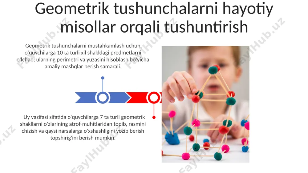 rning xossalarini aniqlash va muammolarni yechish ko'nikmalarini rivojlantirish mumkin. baholash jarayonida 30 ta topshiriqdan iborat test ishlatilib, har bir to'g'ri javob uchun 3 balldan, noto'g'ri javob uchun esa 0 ball qo'shiladi. umumiy ball 90 balldan iborat. 4-sinf geometriya elementlarini o'rgatishda 20 ta topshiriqdan iborat baholash testi, har bir topshiriq uchun 5 balldan hisoblanib, umumiy ball 100 ballni tashkil etadi. baholovchi testlar va vazifalar darsni qiziqarli va samarali o'tkazishning yangi usullari amaliy ishlar, masalan, geometrik shakllarni modellashtirish, qo'lda tayyorlangan materiallardan foydalanib 2-3 ta turli xil vazifalarni bajarish, o'quvchilarning fazoviy tasavvurini rivojlantirishga yordam beradi. geometrik tushunchalarni rivojlantirishda virtual reallik texnologiyalaridan, masalan, 360° videolar yoki interaktiv dasturlardan foydalanish 10-15% ga o'quv samaradorligini oshirishi mumkin. guruhda ishlash va hamkorlikdagi o'rganish hamkorlikdagi o'rganishda har bir o'quvchi 5-7 daqiqalik taqdimotlar tayyorlash orqali o'z guruh a’zolariga geometrik tushunchalarni tushunarli tarzda tushuntirib berish imkoniyatiga ega bo'ladi. guruhdagi hamkorlik o'quvchilarning 2-3 ta geometrik shaklni taqqoslash, ularning xossalarini aniqlash va …
