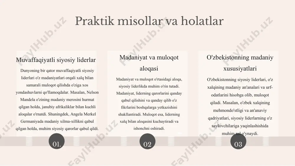 zamonaviy yetakchilik - bu yangi g'oyalar, kreativlik va jamoaviy ishga asoslangan yondashuvdir. bu yondashuv, tashkilotlarda innovatsiyalarni amalga oshirish va muammolarni samarali hal qilishda muhim ahamiyatga ega. zamonaviy yetakchilik elementlari zamonaviy yetakchilik yondashuvlari quyidagi elementlarni o'z ichiga oladi: 1. kreativlik - yangicha fikrlash va innovatsiyalarni joriy etish. 2. hamkorlik - jamoa a'zolari bilan samarali muloqot va birgalikda ishlash. 3. moslashuvchanlik - o'zgaruvchan sharoitlarga tezda moslasha olish qobiliyati. mashhur yetakchilar va ularning yondashuvlari mashhur yetakchilar, masalan, elon musk va satya nadella, zamonaviy yetakchilik yondashuvlarini o'z faoliyatlarida muvaffaqiyatli qo'llashmoqda. ular kreativ fikrlash va jamoaviy ishga katta e'tibor qaratadi, bu esa ularning kompaniyalarini yuqori darajada raqobatbardosh qiladi. 01. 02. 03. fikr almashish jarayoni fikr almashish jarayoni - bu g‘oyalar, fikrlar va tajribalarni o‘zaro almashish, muhokama qilish va yangi qarorlar qabul qilish jarayonidir. bu jarayon siyosiy yetakchilar uchun muhim, chunki u samarali muloqot va hamkorlikni ta'minlaydi, shuningdek, jamoa a'zolarining birlashishini kuchaytiradi. 1. fikr almashishning tayyorgarlik …