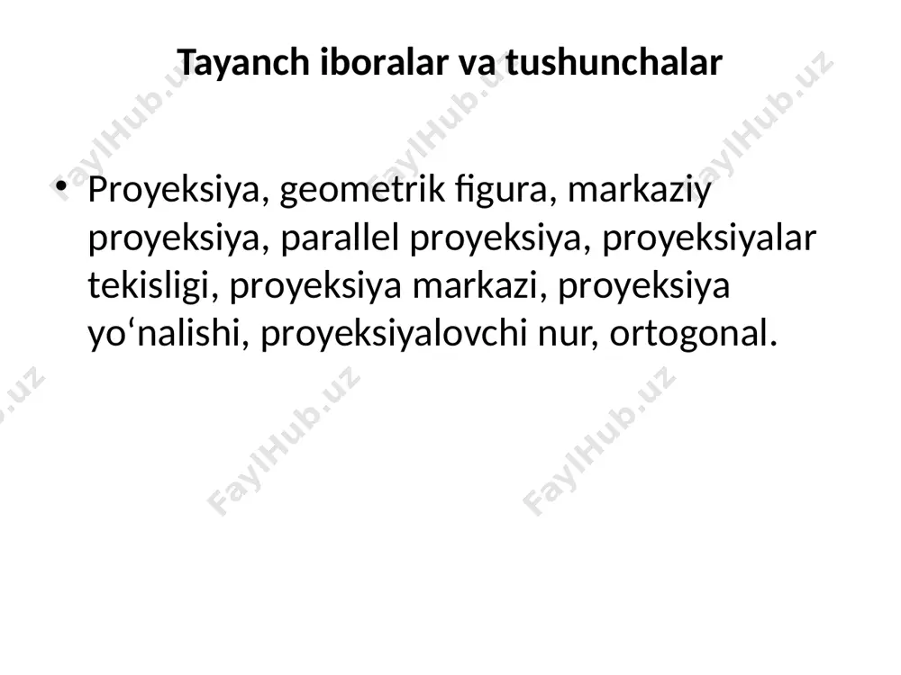 p va s sistemasida fazodagi biror a nuqta berilgan bo‘lsin (yuqoriagi rasm). bu nuqtaning proyeksiyasini yasash uchun a nuqtadan s yo‘nalishga parallel qilib nur o‘tkaziladi. bu nurning proyeksiyalar tekisligi p bilan kesishgan nuqtasi ap bo‘ladi. ap nuqtani fazodagi a nuqtaning s yo‘nalish bo‘yicha p dagi parallel proyeksiyasi deb yuritiladi. proyeksiyalar tekisligining ostida joylashgan fazodagi ixtiyoriy biror b nuqtaning s yo‘nalish bo‘yicha parallel proyeksiyasi bp bo‘ladi. bunda b va a nuqtalarning proyeksiyalovchi nurlari o‘zaro parallel bo‘lib, faqat ularning yo‘nalishlari qarama-qarshidir. aap,bbp to‘g‘ri chiziqlar proyeksiyalovchi nurlar deb yuritiladi. proyeksiyalar tekisligi p ga tegishli c nuqtaning proyeksiyasi shu nuqtaning o‘zida bo‘ladi. fazodagi ixtiyoriy d to‘g‘ri chiziqni proyeksiyalar tekisligi p ga s yo‘nalish bo‘yicha proyeksiyalash uchun shu to‘g‘ri chiziq ustidagi istalgan ikki d va e nuqtalar proyeksiyalari yasalsa kifoyadir. bunda d to‘g‘ri chiziq nuqtalari orqali o‘tuvchi parallel nurlar to‘plami proyeksiyalovchi tekislikni hosil qiladi. markaziy proyeksiyalash usulining xossalari: nuqtaning markaziy proyeksiyasi nuqta bo‘ladi. sa nurda …