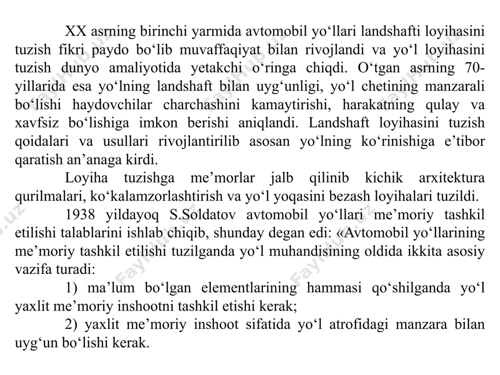 ilan to‘liq idrok qilib bo‘lmaydi. shuning uchun yo‘l haqidagi yaxlit tasavvur harakat vaqtidagi ta’surotlarning ketma-ketligidan hosil bo‘ladi. shunday bo‘lgani uchun (avtomobil harakat qilgandagi) qarash nuqtasi o‘tishi omillari bilan uning harakat tezligini ham hisobga olish kerak bo‘ladi. sababi aynan shu xususiyat yo‘lning me’morchilik loyiha ob’ekti sifatida yuqori malaka bilan qaralishini qiyinlashtirgan bo‘lishi mumkin. idrok qanday bo‘lishiga ko‘p jihatdan harakat tezligi ta’sir qiladi, sababi makondagi bo‘lingan manzara qismlari ular o‘rtasidagi yo‘lni bosib o‘tish uchun zarur bo‘ladigan vaqt bilan bo‘lingan deb qabul qilinadi. ya’ni, idrok bir tomondan avtomobil harakati tezligiga, boshqa tomondan esa manzara elementlari kattaligiga bog‘liq bo‘ladi. avtomobil yo‘llari arxitekturasi ikkita maqsadga xizmat qilishi kerak: butun yo‘l bo‘ylab yo‘l yoqasidagi manzara bilan uyg‘un bo‘ladigan yaxlit me’morchilik ansamblini yaratish; harakat xavfsiz va qulay bo‘lishini ta’minlash. yo‘l me’morlik loyihasini tuzish ikkita miqyosda boradi: birinchidan trassa belgilanganda uning atrof manzaradagi asosiy, yirik elementlar bilan uyg‘un bo‘lishi hisobga olinadi, ikkinchidan esa alohida yo‘l uchastkalarining batafsil loyihasi …