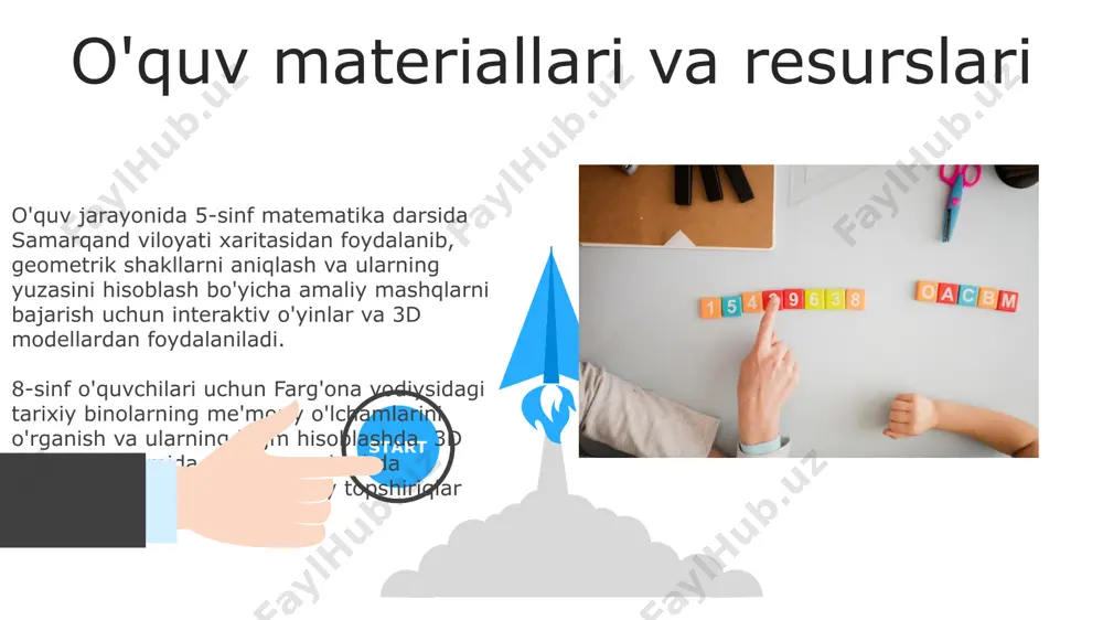 ining faol ishtiroki va 21-asr ko'nikmalarini rivojlantirishga, masalan, muammo yechish va tanqidiy fikrlashga yordam beradi, samarqanddagi maktablarda amaliy qo'llanilishi mumkin. dars maqsadlari va natijalari dars natijasida o'quvchilarning 85 foizi tenglamalarni yechishda o'zlarining matematik ko'nikmalarini rivojlantirib, 5 ta turli muammoni hal qila oladilar. toshkent shahridagi tajriba natijalari buning dalili bo'ladi. o'quvchilarning 70% dan ortig'i samarqanddagi 5-sinf matematika darsidan so'ng geometrik shakllarni 3 ta xususiyatiga ko'ra tasniflashda muvaffaqiyatga erishishlari kutilmoqda. steam yondashuvi nima? steam yondashuvi 5-10 yoshli bolalar uchun matematikadan 20 ta turli xil amaliy topshiriqlarni, masalan, lego konstruktorlari yordamida geometrik shakllar yaratish yoki toshkentdagi binolarning balandligini o'lchash orqali hisoblashni o'z ichiga oladi. steam yondashuvi, matematika darslarida fanlararo integratsiyani qo'llaydi: fizika qonunlarini (masalan, 3:1 nisbatda suv va un aralashmasidan xamir tayyorlash) va san'at (rasm chizish orqali geometrik shakllarni tasvirlash) bilan bog'laydi. 06 05 04 amaliy topshiriqlar va loyihalar 01 02 farg‘ona vodiysidagi 20 ta turli xil mevalarning sonini o‘lchab, statistik ma’lumotlarni tahlil …
