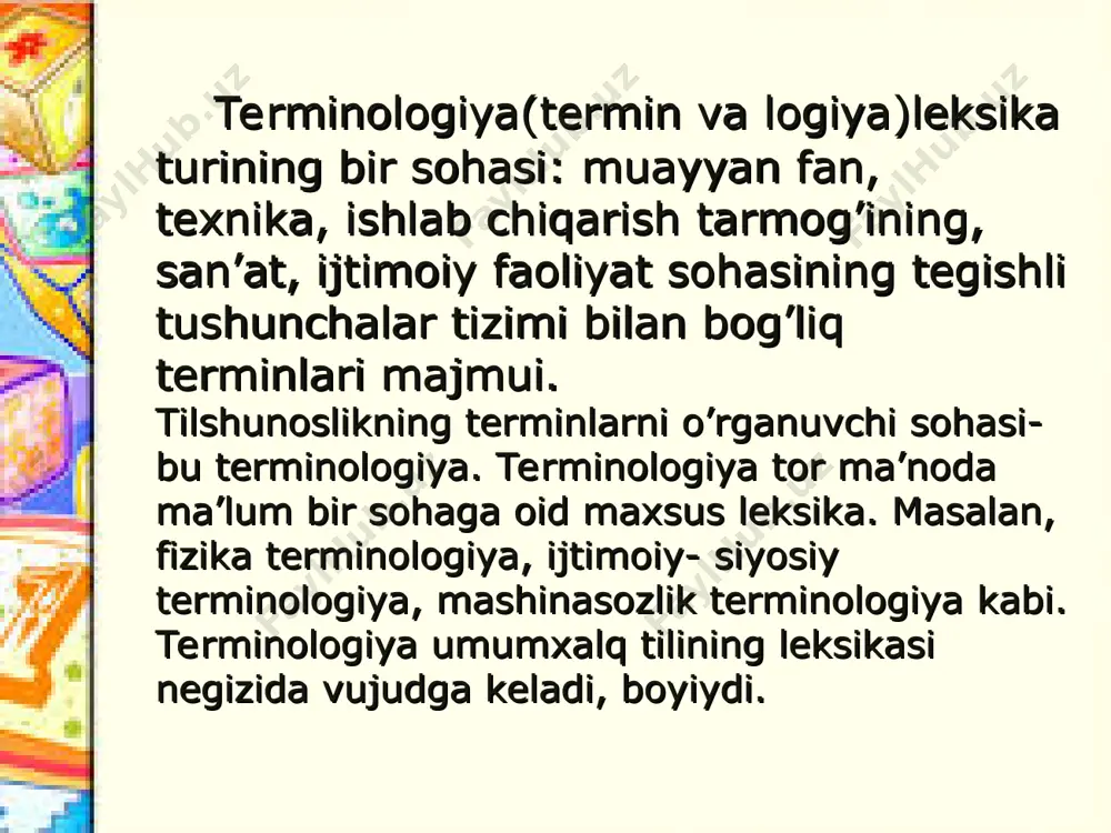 ’ati" (sh.rahmatullaev, 1978); "ruscha-o’zbekcha frazeologik lug’at" (m.sodiqova, 1972); "frazeologicheskiy slovarь "hazoyin-ul maoniy" alishera navoi" (e.a.umarov, 1971) v)orfografik lug’atlar: "o’zbek adabiy tilining orfografik lug’ati" (s.ibrohimov, m.rahmonov, 1940), "imlo lug’ati" (olim usmon, 1941, 1949); "o’zbek adabiy tilining imlo lug’ati" (s.ibrohimov, m.rahmonov, 1956), "o’zbek tilining qisqacha imlo lug’ati" (f.kamolov, z.ma’rufov tahriri ostida, 1962), "imlo lug’ati" (y.abdullaev, m.omilxonova, s.zufarova, 1970-1976), "o’zbek tilining imlo lug’ati" (s.i.ibrohimov, e.a.begmatov, a.a.ahmedov. (1976); "o’zbek tilining imlo lug’ati" (sh.rahmatullaev, a.hojiev, 1995); amaliy mashg’ulot. matnni o’qing va turini belgilang. kadastr, bu ~ davlat tomonidan yerga bo’lgan mulkchilik ma'iumotlarini uslubiy jihatdan tartibga solish uchun aniq bir davlat yoki tuman miqyosida mulkchilik uchastkalari chegaralarini syomka qilish natijasiga tayangan holda hisobga olish. fransiyada birinchi kadastrlarning ma’lum bo’lishi 1269- yil sanaladi. dastlab “hisoblar kitobi” deb nomlangan kadastr muvaffaqiyatga erisha olmadi. faqat lui xiv davrida unga tegishli b o’lg a n “tabaqasidan qat'iy nazar kadastr odamlarni tenglashtirish kcrak ’’degan mashhur so'zidan keyin fransuzlar kadastr syomkasi asosida …