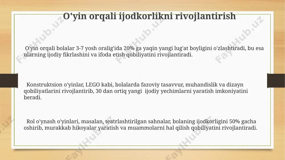 adi, o'z fikrlarini aniq va ravshan ifoda etish ko'nikmalarini oshiradi. mustaqillik va o'z-o'zini boshqarish ko'nikmalarini rivojlantirish oʻyin jarayonida bolalar 2-3 yoshdan boshlab mustaqil qarorlar qabul qilish va tanlovlarni amalga oshirish imkoniyatiga ega boʻlib, bu ularning oʻz-oʻzini boshqarish koʻnikmalarini rivojlantirishga yordam beradi. guruhiy oʻyinlar orqali bolalar muloqot, kelishuvga erishish va kompromissga borishni oʻrganadi, bu esa 8-10 yoshlik bolalarda oʻz-oʻzini boshqarish va ijtimoiy moslashuvchanlikni rivojlantiradi. rol oʻynash oʻyinlari, masalan, doʻkonchi yoki oshpaz oʻynash, bolalarda 5-7 yosh oraligʻida mas’uliyat hissi, rejalashtirish va vazifalarni bajarish koʻnikmalarini shakllantiradi. kognitiv funksiyalarni yaxshilash ijtimoiy-emotsional rivojlanish bilan birga, o'yinlar bolaning xotirasini 15% gacha yaxshilaydi va 7 yoshgacha bo'lgan bolalarda yangi ma'lumotlarni eslab qolish qobiliyatini oshiradi. simvolik o'yinlar, masalan, rol o'ynash, bolaning til rivojlanishini 25% ga tezlashtiradi va lug'at boyligini kengaytiradi, shuningdek, muloqot ko'nikmalarini yaxshilaydi. o'yinlar bolaning muammoni hal qilish qobiliyatini 20% ga oshirishi va mantiqiy fikrlash jarayonlarini tezlashtirishi isbotlangan. xotira va diqqatni jamlash qobiliyatlarini rivojlantirish rol o'ynash o'yinlari …