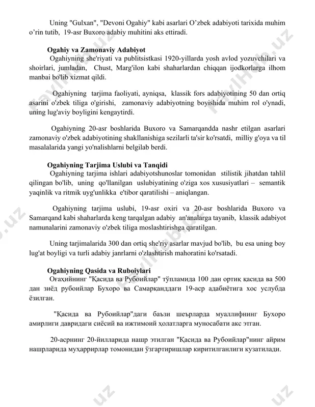 iqsa, klassik fors adabiyotining 50 dan ortiq asarini o'zbek tiliga o'girishi, zamonaviy adabiyotning boyishida muhim rol o'ynadi, uning lug'aviy boyligini kengaytirdi. ogahiyning 20-asr boshlarida buxoro va samarqandda nashr etilgan asarlari zamonaviy o'zbek adabiyotining shakllanishiga sezilarli ta'sir ko'rsatdi, milliy g'oya va til masalalarida yangi yo'nalishlarni belgilab berdi. ogahiyning tarjima uslubi va tanqidi ogahiyning tarjima ishlari adabiyotshunoslar tomonidan stilistik jihatdan tahlil qilingan bo'lib, uning qo'llanilgan uslubiyatining o'ziga xos xususiyatlari – semantik yaqinlik va ritmik uyg'unlikka e'tibor qaratilishi – aniqlangan. ogahiyning tarjima uslubi, 19-asr oxiri va 20-asr boshlarida buxoro va samarqand kabi shaharlarda keng tarqalgan adabiy an'analarga tayanib, klassik adabiyot namunalarini zamonaviy o'zbek tiliga moslashtirishga qaratilgan. uning tarjimalarida 300 dan ortiq she'riy asarlar mavjud bo'lib, bu esa uning boy lug'at boyligi va turli adabiy janrlarni o'zlashtirish mahoratini ko'rsatadi. ogahiyning qasida va ruboiylari оғаҳийнинг "қасида ва рубоийлар" тўпламида 100 дан ортиқ қасида ва 500 дан зиёд рубоийлар бухоро ва самарқанддаги 19-аср адабиётига хос услубда …