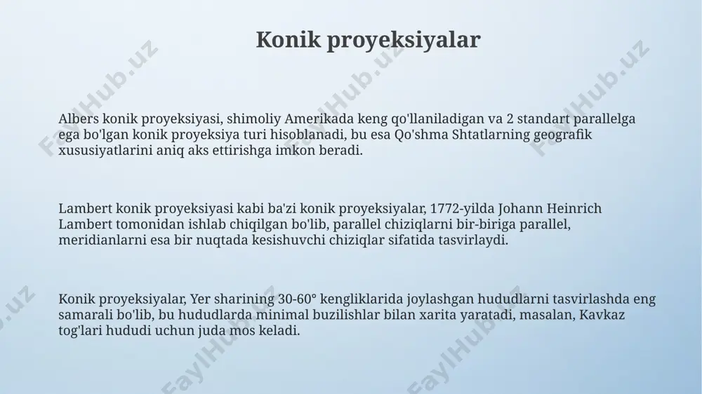 tasvirlangan va uzunliklarni buzgan holda, kengliklarni to'g'ri aks ettiradi, masalan, grenlandiyaning hajmiga ta'siri katta. silindrik proyeksiyalar silindrik proyeksiyalar yer sharini silindrga proyeksiya qilish orqali 2:1 nisbatda geografik uzunliklarni saqlab, kengliklarni esa deformatsiya qiladi, masalan, mercator proyeksiyasi kabi, bu esa yuqori kengliklarda sezilarli buzilishlarga olib keladi. transvers mercator proyeksiyasi, masalan, utm (universal transverse mercator) tizimida qo'llaniladi va yerni 60 ta zonalarga bo'lib, har bir zonasida nisbatan kam deformatsiya bilan 6° uzunlik oralig'ini aks ettiradi. 1569-yilda gerardus mercator tomonidan yaratilgan mercator proyeksiyasi, silindrik proyeksiyalarning eng mashhur namunasi bo'lib, navigatsiya maqsadlarida 90° gacha bo'lgan kengliklarda aniq yo'nalishlarni ko'rsatadi. e'tiboringiz uchun rahmat @taqdimot_robot image4.png image3.jpeg