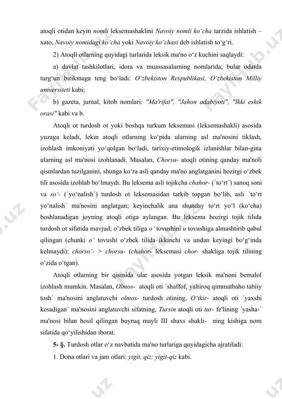 ar ham mavjud. faqat birlik shaklida ishlatiladigan ot leksemalarda nazariy jihatdan 10 nisbatlovchining har biridan keyin 6 kelishik shakli qo‘shiladi: 10x6 = 60 leksemashakl tuziladi. ko‘plik shaklidagi ot leksemaga nisbatlovchilarning -laring-, -lari- shakllari qo‘shilmaydi; nisbatlovchilarning qolgan sakkiz shaklidan keyin olti kelishik shakli qo‘shiladi: 8x6 = 48 leksemashakl tuziladi. ko‘plik shaklida-gina ishlatiladigan ayrim ot leksemalarni nazardan soqit qilsak, ushbu qolip asosida 100dan ortiq leksemashakl tuziladi. bu qolipda uch asos – sonlash asosi, nisbatlash asosi, turlash asosi mavjud: k i t o b l a r i m n i ot leksema morfema, sonlovchi, ko‘plik shakli morfema, nisbatlovchi, i shaxs ko‘rsatkichi morfema, turlovchi, tushum kelishigi shakli asos, sonlash asosi asos, nisbatlash asosi a s o s, t u r l a sh a s o s i o t l e k s e m a sh a k l 11- §. birinchi qolipda bo‘lganidek, bu yerda ham zich sintagmatik munosabat leksema …