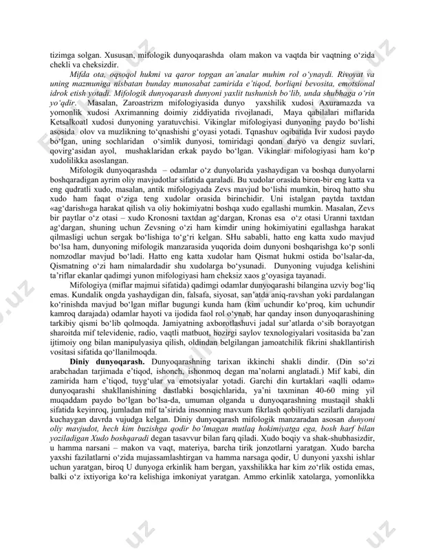 adi.. dunyoqarashda intellektual, emotsional va ruhiy asoslar uzviy bog‘liq bo‘lib, ular jamuljam holda har bir inson uchun mutlaqo muayyan, individual xususiyatlar sifatida amal qiladi. intellektual, emotsional va ruhiy asoslar iroda bilan uyg‘unlikda e’tiqodlar – odamlar faol qabul qiladigan, ularning ong darajasi va hayotdagi mo‘ljallariga mos keladigan qarashlarni yuzaga keltiradi. dunyoqarashga sub’ektning yoshi, jismoniy va ruhiy holati, fe’l-atvori xususiyatlari, odatlari va e’tiqodlari, shuningdek milliy madaniyat tipi, etnos xususiyatlari va ijtimoiy-madaniy omillar o‘z ta’sirini ko‘rsatadi. dunyo haqidagi tasavvurda ob’ektiv va sub’ektiv tomonlarni ajratish ham o‘rinli bo‘ladi. dunyoqarashning tuzilishi - dunyoni sezish, dunyoni idrok etish va dunyoni tushunish kabi eng muhim elementlardan iborat. dunyoni sezish – bu o‘zini qurshagan dunyoni sezgilar yordamida hissiy idrok etishdir. bunda tuyg‘ular, kayfiyat dunyoni go‘yoki ranglarga bo‘yaydi, uning obrazini sub’ektiv, sof individual sezgilar orqali aks ettiradi. masalan, bemor odamga haddan tashqari yorug‘ bo‘lib tuyulishi mumkin bo‘lgan nur, sog‘lom odam uchun normal bo‘ladi; daltonik ranglar gammasini, ko‘rish qobiliyati normal …