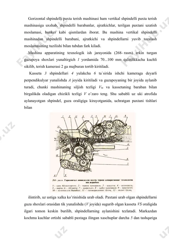 xta qisman tozalanadi. kassetaning keskin burilishi xisobiga shpindelning uchi ajratkich likopchalari 7 ni tezroq uchratadi. shpindel ajratkichga tekkan vaqtdan boshlab, baraban bilan birga aylanayotgan kasseta teskari tomonga, ya`ni orqasiga burilishi xisobiga, shpindelning ajratkichga tegib turish vaqtini uzokrok saklab (kassetaning sd yulida) koladi. kasseta uzining sd yulida orqaga burilib, birinchidan, shpindelni ajratkich likopchalariga uzokrok tegib turishi, ikkinchidan, shpindelning aylanish tezligi sezilarli kamayishi xisobiga zich uralgan paxta xalkasi inertsiya kuchi ta`sirida qisman yechilib ulguradi, shu sababli uni shpindeldan ajratib olish yengillashadi. shpindel kichik va konussimon sirtga ega bo’lgani uchun ajratkich paxta xalkalarining bir qismini shpindeldan to’liq yechmay, tuguncha ko’rinishida sidirib tushiradi. ajratilib olingan paxta qabul kamerasi 8 ga tushib, u yerdan havo okimi yordamida bunkerga uzatiladi. ajratkichdan sung, shpindel namlagich yostikchasi 9 ga kelib uriladi va uning namlangan yumshok va serkirra sirti bo’ylab yumalab utadi. yostikchaning uzunligi shpindel sirtini to’liq tozalashga yetarli kilib o’rnatilgan. yostikcha ta`sirida shpindel sirtiga yopishib kolgan o’simlik shirasi, …