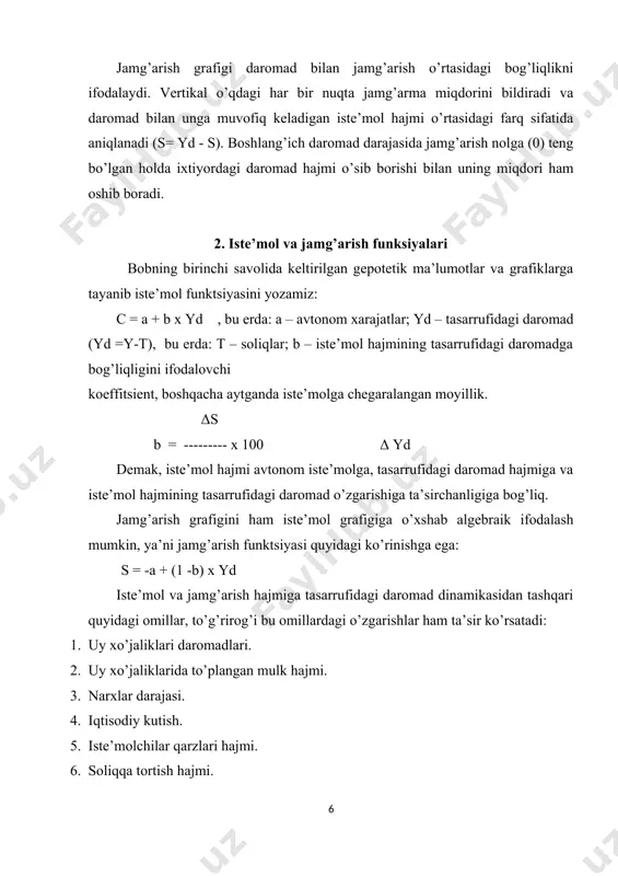shgan holatda mrsni hisoblaymiz. δ s =420 - 405 =15; δ yd =430 - 410 = 20; mrs = (15/20) 100=75%; bu shuni bildiradiki, daromad 100 % ga (yoki bir birlikka) o’zgarganda iste’mol 75 % (yoki 0,75)ga o’zgaradi. jamg’arishdagi o’zgarishning ixtiyordagi daromad o’zgarishdagi ulushi jamg’arishga chegaralangan moyillik deyiladi. δ s mrs = ------------x100 δ yd bu erda: mps (marginal propensity to saving) – jamg’arishga chekli moyillik. yuqorida keltirilgan misolda: δ yd = 430 - 410 = 20 δ s = 10 - 5 = 5 mr s = (5/20) 100 = 25%; shunday qilib, iste’molga chekli moyillik 0,75 ni tashkil etgan bo’lsa, jamg’armaga chekli moyillik 0,25 ni tashkil etadi. daromadning o’sgan qismi yoki iste’molga, yoki jamg’armaga sarflanadi. shu sababga ko’ra iste’mol va jamg’arishga o’rtacha moyillik ko’rsatkichlari yig’indisi 100%ga yoki koeffitsient ko’rinishida 1ga teng bo’ladi. mrs + mrs =100% yoki 1. mrs va mrs ancha barqaror ko’rsatkichlar bo’lib, juda sekin o’zgarishga …