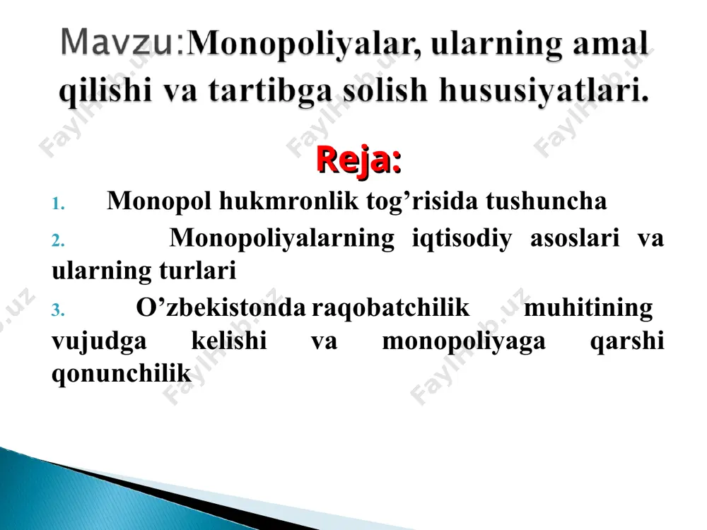 sharoitida ishlab chiqaruvchi barcha taklif hajmini belgilab berganligi uchun narx ustidan to’liq nazoratga ega bo’ladi. agar mahsulot narxi tushib ketguday bo’lsa, u mahsulot ishlab chiqarish hajmini qisqartirish orqali narxni tartibga solishi mumkin. 4. tarmoqqa kirishda to’siqlarning mavjudligi. sof monopolist uchun raqobatchilarning mavjud bo’lmasligi tarmoqqa kirish uchun ma‟lum iqtisodiy, texnik, huquqiy va boshqa turdagi to’siqlar qo’yilishi bilan izohlanadi. sof monopoliya – tarmoqdagi yagona ishlab chiqaruvchi yoki sotuvchining narx va ishlab chiqarish hajmini bеlgilashdagi yakkahukmronlik holati hisoblanadi. o’zbеkistonda sof monopoliyalar sifatida «o’zbеkiston havo yo’llari» dak, «o’zbеkiston tеmir yo’llari» dak, ular o’z tarmoqlaridagi tеgishli faoliyatlarning yagona ishlab chiqaruvchisi hisoblanadilar. iqtisodiyotda davlat monopolizmining har qanday namoyon bo’lishini maksimal darajada bartaraf etish. buning uchun tadbirkorlikni rivojlantirish va iqtisodiyotni davlat tomonidan boshqarish tizimini takomillashtirish uchun nisbatan qulay shart-sharoitlarni yaratishga qaratilgan chuqur institutsional islohotlar zarur; bozor sharoitida vujudga kеlayotgan monopoliyalarning bozordagi o’z ustunlik mavqеlarini suistе‟mol qilish imkoniyatlarining oldini olish. davlat muassasalari raqobatning rivojlanishini ta‟minlashlari lozim. busiz samarali …
