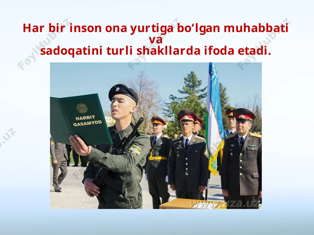anparvarlik fazilatlari bilan elyurt hurmatini qozongan yurtdoshlarimiz ana shu orden bilan taqdirlanadi. 1999-yili jaloliddin manguberdining 800 yilligi yurtimizda keng nishonlandi. xorazm viloyatining markazi bo‘lgan urganch shahrida uning muazzam haykali barpo etildi. jaloliddin manguberdining urgenchdagi haykali savol va topshiriqlar: 1. vatanparvarlik insonning qanday harakatlarida namoyon bo‘ladi? 2. vatanparvarlik tuyg‘usi qachon fazilatga aylanadi? 3. bu tuyg‘u qanday tarbiyalanadi? 4. buyuk vatanparvar ajdodlarimiz haqida gapirib bering. 5. ushbu haykallarda qaysi buyuk ajdodlarimizning siymolari aks ettirilgan? image2.jpeg image3.jpeg image4.png image5.jpeg image6.jpeg image7.jpeg image8.jpeg image9.jpeg image10.jpeg image11.jpeg image12.jpeg image13.jpeg image14.jpg image15.jpeg image1.jpeg