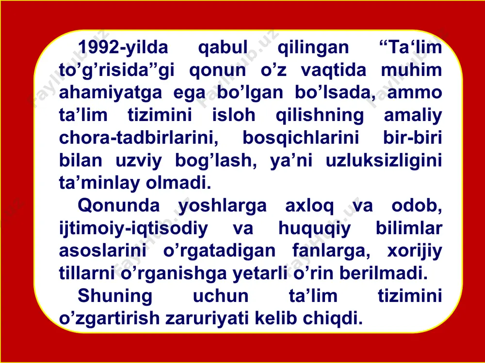 chiqarish, o‘quv kombinatlarida, markazlarida, boshqa o‘quv yurtlarida yoki bevosita ishlab chiqarishda olib boriladi. o‘rta maxsus ta‘lim – o‘rta maxsus ta‘lim texnikumlarda, bilim yurtlarida, kollejlarda va boshqa o‘rta maxsus o‘quv yurtlarida amalga oshiriladi. maktabgacha ta'lim o'rta maxsus va k/h ta'limi kadrlar mala- ka osh. va q/t oliy ta'limd. keyin. ta'lim oliy ta'lim 1997-yil 29-avgustdagi “ta'lim to'g'risida”gi qonunga ko'ra ta'lim turlari maktabdan tashq. ta'lim umumiy o'rta ta'lim ta'lim turlari maktabgacha ta‘lim – bu ta‘lim olti-yetti yoshgacha oilada, bolalar bog‘chasida va mulk shaklidan qat’i nazar, boshqa ta’lim muassa-salarida olib boriladi. umumiy o‘rta ta‘lim – bu ta‘lim bilimlarning zarur hajmini beradi, mustaqil fikrlash, tashkilotchilik qobiliyati va amaliy tajriba ko‘nikmalarini rivojlantiradi, dastlabki tarzda kasbga yo‘naltirishga va ta‘limning navbatdagi bosqichini tanlashga yordam beradi. o‘rta maxsus, kasb-hunar ta‘limi – akademik litseylar va kasb-hunar kollejlari kasb-hunar bo‘yicha ishlash huquqini beradigan o‘rta maxsus, kasb-hunar ta’limi beradi. ta'lim turlari maktabgacha ta'lim va t/ya umumiy o'rta va o'/m ta'lim professional ta'lim …