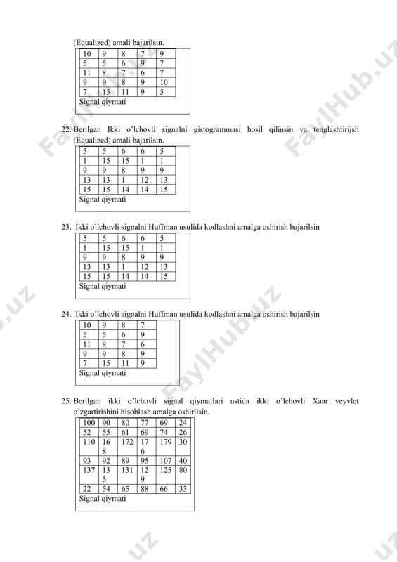 h amalga oshirilsin. 100 90 80 77 69 24 52 55 61 69 74 26 110 168 172 176 179 30 93 92 89 95 107 40 137 135 131 129 125 80 22 54 65 88 66 33 signal qiymati 26. berilgan ikki o’lchovli signal qiymatlari ustida ikki o’lchovli xaar veyvlet o’zgartirishini hisoblash amalga oshirilsin. 10 9 8 7 9 21 52 55 61 69 74 20 10 68 72 76 79 30 93 92 89 95 107 40 32 6 88 95 22 10 22 54 65 88 66 33 signal qiymati