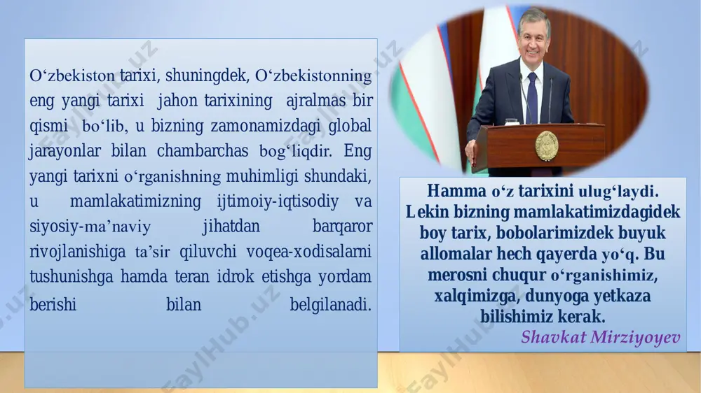 eng muhim qadam: o’zbekiston respublikasini mustaqilligini e’lon qilinishi mustaqillikni mustahkamlashishi 1991 yil 18 noyabr – o’zbekiston respublikasi davlat bayrog’i qabul qilindi 1992 yil 2 iyun – o’zbekiston respublikasi davlat gerbi qabul qilindi 1992 yil 8 dekabr – o’zbekiston respublikasi davlat konstitutsiyasi qabul qilindi 1992 yil 10 dekabr – o’zbekiston respublikasi davlat madhiyasi qabul qilindi 1994 yil 1iyul – o’zbekiston respublikasi milliy valyuta – so’m muomalaga kiritildi taraqqiyot strategiyasi – farovon kelajagimiz kafolati " sayyoramizning ertangi kuni, farovonligi farzandlarimiz qanday inson bo’lib kamolga yetishi bilan bog’liq. bizninnig asosiy vazifamiz – yoshlarning o’z salohiyatini namoyon qilishi uchun zarur sharoitlar yaratishdan iborat. o’zbekiston respublikasi prezidenti shavkat mirziyoyevning bmt bosh assambleyasining 72-sessiyasida so’zlagan nutqidan 2017−2021 yillarda o’zbekistonni rivojlantirishninh beshta ustuvor yonalishi bo’yicha harakatlar strategiyasi davlat va jamiyat qurilishi tizimini takomillashtirishning ustuvor yonalishlari iqtisodiyotni rivojlantirish va liberallashtirishning ustuvor yonalishlari qonun ustuvorligini ta’minlash va sud-huquq tizizmini yanada isloh qilishning ystuvor yonalishlari ijtimoiy sohani rivojlantirishning ustuvor yonalishlari …