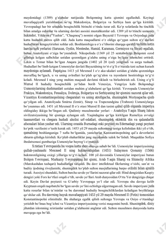 dagi dalillarni aniqlash mumkin.xiii asrda turk qabilalari mo‘g‘ullar zulmidan qutilish uchun g‘arbga qochishadi. anatoliya yassi tog‘liklarining tub aholisi ularni siqib chiqaradi, ular ko‘nyadagi saljuqiylar sultonligi g‘arbiy chegarasida to‘planishadi.yangi yaylovlarni qidirib turk qabilalari chegara hududlarida o‘rnashib olishadi. yaqinda joylashagan vizantiya markazlari ulargamahsulotlarini sotish va zahiralarini to‘ldirishga yordam beradi.sangarios (hozirgi sakarya) daryosi qal’alar bilan mustahkamlangan hudud bo‘lib vizantiya va turk bekligi o‘rtasidagi chegara hisoblanardi. boshlanishida turklar va vizantiyaliklar jiddiy to‘qnashuvlarsiz yashaganlar. chegaralar o‘tib bo‘larli, musulmonlar va xristianlar bozorlarda bir-birlari bilan aloqalarni mustaxkamlab yashar edilar. aloqalarning rivojlanishiga vizantiyada yashovchi xristianlikni qabul qilagan turklar o‘z hissalarini qo‘shdilar. lekin o‘zaro ishonch rishtalari va tinch hayot bir kun nihoyasiga yetishi kerak edi. to‘qnashuvlardan to‘qnashuvlarga turklarning o‘z kuchiga ishonchi ortib bordi. usmon boylik orttirishga o‘ch bo‘lgan, sarguzasht izlovchi va urushlarga tayyor bo‘lgan jangchilarni yig‘di. qonunshunoslar va “ziyolilar” anatoliyani tashlab unga yangi davlat qo‘rishda yordam berish uchun kelishardi. usmon bu insonlar jamoasini kerakli oqim bo‘yicha harakatlantira oladi va …