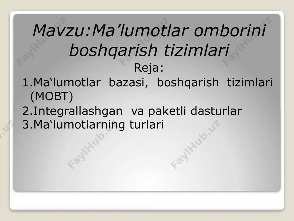 utilgan maqsadni amalga oshirish uchun biror ob‘yektning holatini ko‘rsatishda foydalanish mumkin masalan, «lampa yoniq» (true) yoki «lampa o‘chirilgan» (false) mantiqiy ma‘lumotlarning informatikadagi axamiyatibeqiyos ekanligini informatika kursidan yaxshi bilasiz. ma'lumotlar omborini boshqarish tizimi — bu ma'lumotlar omborini hosil qiluvchi, ma'lumotlarni qayta ishlovchi va qidiruvchi tizim hisoblanadi. qisqa qilib aytganda, mobt barcha jarayonlarni amalga oshiradi. ma'lumotlar ombori faqat ma'lumotlarni saqlaydi, qolgan barcha ishlarni mobt bajaradi. ma'lumotlar ombori bu — tartiblangan ma'lumotlarni saqlovchi va qayta ishlovchi axborot modeli hisoblanadi. soddaroq qilib aytganda, bir xil turdagi axborotlarni o'zida saqlovchi va berilgan so'rovlar orqali ularni taqdim etuvchi model. misol uchun, kitoblar javoni, bu ma'lumotlar ombori hisoblanadi so'rov berish: sql so'rov -> mobt -> ma'lumotlar ombori natija olish: ma'lumotlar ombori -> mobt — > so'rovga javob quyidagi dasturlar mbbt'ga misol bo'la oladi: — oracle; — mysql; — microsoft office access; — mariadb; — microsoft sql server; e’tiboringiz uchun rahmat 1.savol so`rov berish ketma-ketligi sql so`rov-mobt-ma`lumotlar ombori …