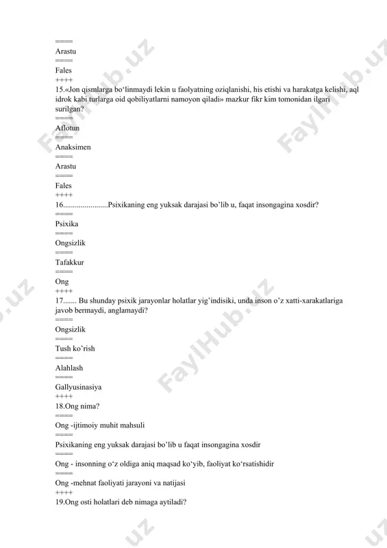 ortirilgan refleks ++++ 28.tropizm bu -: ==== tashqi dunyoni sezgilar asosida aks ettirish ==== organizmning qо‘zg‘ovchilar ta’siriga moslashuvi ==== biologik omillarga maxsus harakatlar bilan reaksiya qilish ==== organizmning ong yordamida boshqarilishi ++++ 29.......................psixika yashash sharoiti bilan belgilanadi va sharoit o’zgarishi bilan o’zgaradi. ==== ong va faoliyat ==== determinizm ==== ongni rivojlanishi ==== psixikani rivojlanish ++++ 30.ong va faoliyat bir-biriga qarama-qarshi ham aynan bir narsa emas ular bir butunlikni tashkil etadi tamoyili? ==== determinizm ==== ongni faoliyatda rivojlanishi ==== ong va faoliyat birligi ==== ong psixikada rivojlanishi ++++ 31............... psixikaga taraqqiyot mahsuloti va faoliyat natijasi deb qaralsa, uni to’g’ri tushunish hamda tushuntirib berish mumkin. ==== ong va faoliyat birligi ==== ongni faoliyatda rivojlanishi ==== ongni psixikada rivojlanishi ==== psixika va ongni faoliyatda taraqqiy etishi ++++ 32.dastlabki psixologik tadqiqotlar labaratoriyasi qachon kim tomonidan ochildi? ==== 1879 yil v.vundt ==== 1875 yil z.freyd ==== 1880 yil m.bexterev ==== 1880 yil p.pavlov ++++ 33.dastlabki …