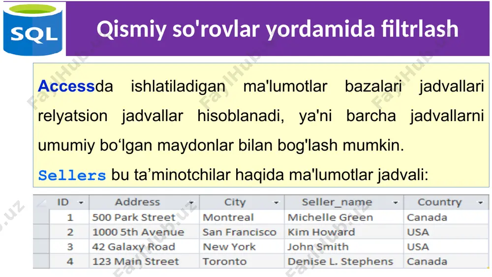 unni aks ettiradi. qty maydoni hisoblanadigan, u qavs ichiga olingan qismiy so'rov natijasida hosil bo'ladi. ushbu so'rov seller_name maydonidagi har bir yozuv uchun bir marta bajariladi va to'rtta sotuvchining nomlari tanlanganligi sababli jami to'rt marta amalga oshiriladi. shuningdek, qismiy so'rovda where biashtirish funksiyasini bajaradi, chunki where yordamida ikkita jadvalni city maydoni bo‘yicha ustunlarning to'liq nomlari (jadval.maydon) yordamida birlashtirildi. 8 jadvallarni birlashtirish sql tilining eng kuchli xususiyati so'rovlarni bajarishda mbbt operativ xotirasidagi turli xil jadvallarni birlashtirish hisobanadi. birlashtirish ma'lumotlarni tahlil qilish uchun ko‘p ishlatiladi.odatda ma'lumotlar turli jadvallarda joylashadi, bu esa ularni yanada samarali saqlashga imkon beradi (chunki ma'lumot takrorlanmaydi), ma'lumotlarni qayta ishlashni soddalashtiradi va ma'lumotlar bazasini masshtablash imkoniyatini beradi (qo'shimcha ma'lumotlar bilan yangi jadvallar qo'shish mumkin). access mbbtda ishlatiladigan ma'lumotlar bazalari jadvallari relyasion jadvallar hisobanadi, ya'ni barcha jadvallarni umumiy maydonlar bilan bog'lanishi mumkin. 9 jadvallarni birlashtirish jadvallarni birlashtirish juda oddiy protsedura. birlashma tarkibiga kiradigan barcha jadvallarni ko‘rsatish va ma'lumotlar bazasini bir-biri …