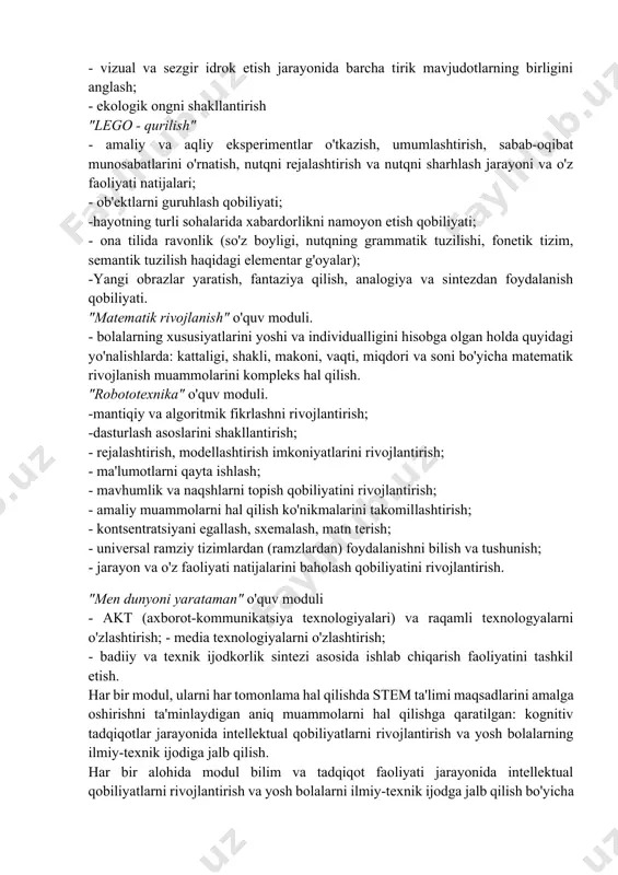 nlik beriladi. bunday vazifalar yordamida bola nafaqat qiziqarli g'oyalarni yaratadi, balki ularni darhol hayotga olib keladi. shunday qilib, u o'z faoliyatini rejalashtirilgan vazifa va mavjud resurslarga asoslanib rejalashtirishni o'rganadi, bu albatta hayotda foydali bo'ladi. shuningdek, steam ta'limining asosiy qoidalaridan biri bu kichik guruhlarda juftlik bilan o'rganishdir. masalan, robototexnika darsida ikkita talaba bitta kompyuterda ishlaydi va bitta konstruktorni yig'adi. bu o'quv materiallarini tejash uchun umuman qilinmaydi. ushbu yondashuv bolalarni hamkorlikka o'rgatish, bolalarga jamoada ishlashni o'rganish, muloqot qobiliyatini rivojlantirish va guruhda ishlashni o'z ichiga oladi. ko'pgina mamlakatlarda steam ta'limi quyidagi sabablarga ko'ra ustuvor hisoblanadi: - yaqin kelajakda dunyo keskin etishmayapti: it mutaxassislari, dasturchilar, muhandislar, yuqori texnologiyali sanoat mutaxassislari va boshqalar. - uzoq kelajakda endi tasavvur qilish qiyin bo'lgan kasblar paydo bo'ladi, ularning barchasi tabiiy fanlar bilan birlashganda texnologiyalar va yuqori texnologiyalar ishlab chiqarish bilan bog'liq bo'ladi. bio- va nanotexnologiyalar bo'yicha mutaxassislarga ayniqsa talab katta bo'ladi. - kelajak mutaxassislari tabiatshunoslik, texnika va texnologiyalarning …