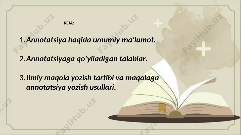 larning tushuntirishlarini izlash kerak. ilmiy maqola yozish muayyan qoidalarga rioya qilishni talab qiladi, ularning asosiylari nashrning puxta o’ylangan tuzilishi va ilmiy taqdimot uslubidir. umuman olganda, maqolaning tuzilishi quyidagi bo’limlardan iborat: sarlavha; referat; kalit so’zlar; asosiy matn; xulosa va bibliografiya. e’tiboringiz uchun rahmat!
