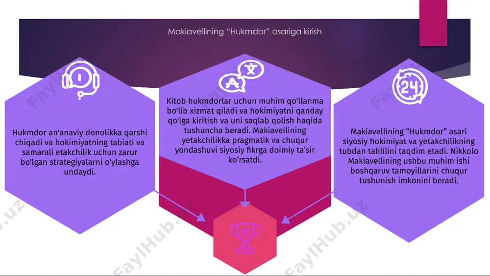 katta ta’sir ko‘rsatib, rahbarlarning hokimiyat va boshqaruvga munosabatini shakllantirdi. matn kitob siyosatdagi axloq va axloq haqidagi an'anaviy tushunchalarga qarshi kurash olib borishning pragmatik va ko'pincha shafqatsiz usullarini qo'llab-quvvatlaydi. makiavellining “hukmdor” asarining tanqidi makiavellining “hukmdor” asari 16-asrda yozilgan juda taʼsirli siyosiy risoladir. unda makiavelli g‘oyalarini tanqidiy tahlil qilish, uning tamoyillarining axloqiy ta’siriga e’tibor qaratilgan. kitob makiavellining maqsad vositalarni oqlaydi, degan fikriga qarshi chiqadi va rahbarlikka ko'proq axloqiy yondashuvni talab qiladi. hukmdor asarida hokimiyat va yetakchilik munosabatlari makiavellining “hukmdor” asarida hokimiyat va yetakchilik o‘rtasidagi munosabatlar chuqur o‘rganiladi. 01 makiavelli hukmdor o'z hokimiyatini saqlab qolish uchun zarur bo'lgan hamma narsani qilishi kerak, hatto shafqatsiz va yolg'on bo'lsa ham. 03 02 bu rahbarlik axloqi va hokimiyatni ushlab turish uchun qancha vaqt borish kerakligi haqidagi muhim savollarni tug'diradi. "hukmdor" orqali makiavellining zamonaviy rahbarlarga ta'siri makiavellining “hukmdor” asari zamonaviy yetakchilarga katta ta’sir ko‘rsatadi, ularning strategiyalari va qaror qabul qilish jarayonlarini boshqaradi. quvvat va yetakchilikni chuqur tahlil …