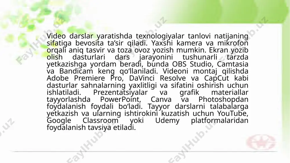 ‘tkazish samarali. o‘quvchilarning fikr-mulohazalari video darslarni yaxshilash va keyingi darslar uchun qimmatli ma’lumotlar beradi. etiboringiz uchun rahmat! image1.jfif image2.jpeg image3.jpeg image4.jpeg image5.png /docprops/thumbnail.jpeg
