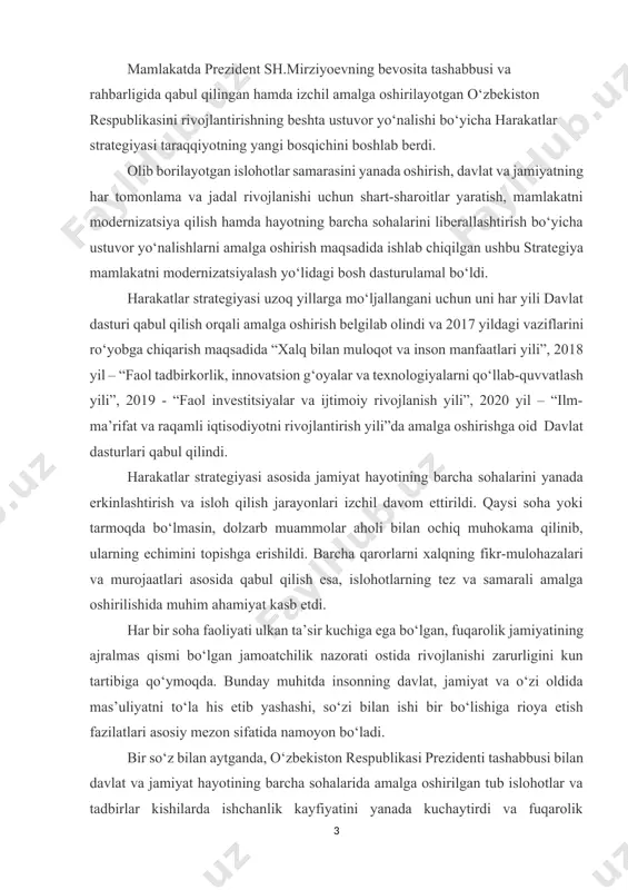 lik jamiyatining ajralmas qismi bo‘lgan jamoatchilik nazorati ostida rivojlanishi zarurligini kun tartibiga qo‘ymoqda. bunday muhitda insonning davlat, jamiyat va o‘zi oldida mas’uliyatni to‘la his etib yashashi, so‘zi bilan ishi bir bo‘lishiga rioya etish fazilatlari asosiy mezon sifatida namoyon bo‘ladi. bir so‘z bilan aytganda, o‘zbekiston respublikasi prezidenti tashabbusi bilan davlat va jamiyat hayotining barcha sohalarida amalga oshirilgan tub islohotlar va tadbirlar kishilarda ishchanlik kayfiyatini yanada kuchaytirdi va fuqarolik pozitsiyasini qat’iy mustahkamladi, davlat va jamiyat boshqaruvida har bir kishining ishtirokini kengaytirdi, mansabdor shaxslar tomonidan qabul qilinayotgan qarorlarda odamlarning manfaati yanada kengroq e’tirof etila boshlandi. bu jarayonning amaliy natijalari, belgi va xususiyatlari bugungi kunda jamiyat hayotining barcha jabhalarida, eng muhimi, xalqimizning ongu tafakkuri, intilish va harakatlarida yaqqol ko‘zga tashlanmoqda. shu ma’noda, harakatlar strategiyasi o‘zbekistonn tez sur’atlar bilan o‘zgarayotgan zamon talablari asosida jadal rivojlantirishning ilmiy-nazariy, amaliy-konstruktiv asoslarini belgilab beradigan, taraqqiyotning yangi davri uchun mo‘ljallangan muhim dasturilamaldir. strategiya tushunchasining mazmun-mohiyati taraqqiyot va yuksak rivojlanishga erishgan …