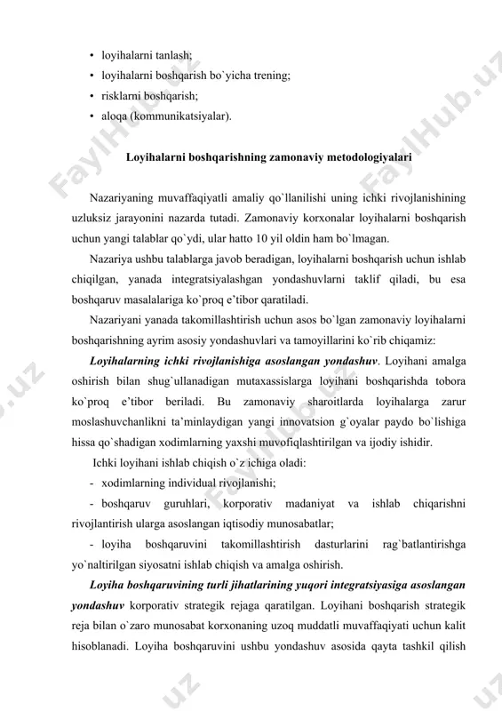 uchun strategik rejalashtirishni rivojlantirishga yordam beradi. pmmm modeli loyihani boshqarishning boshqa darajasini aks ettiruvchi 5 asosiy darajadan iborat (2-rasm). 1-daraja. umumiy til. ushbu darajadagi kompaniya, umumiy boshqaruvga asoslangan kasbiy shartlar va tilga asoslangan asosiy prinsiplarni qo`llagan holda, loyihalarni boshqarish ahamiyatini tushunadi. 2-daraja. umumiy jarayonlar. kompaniya umumiy jarayonlarni aniqlash va rivojlantirish zarurligini biladi, shuning uchun ba’zi loyihalarni amalga oshirishda muvaffaqiyatli boshqarish boshqa loyihalarni yanada yaxshi boshqarishga yordam beradi. korxona boshqaruvining boshqa sohalarida foydalaniladigan loyihalarni boshqarish vositalari va usullarini ishlatishingiz mumkin. 3-daraja. yakka metodologiya. kompaniya barcha korporativ usullarni birlashtiradigan sinergetik ta’siridan xabardordir, uning markazi loyiha boshqaruvi hisoblanadi. bu jarayonning nazoratini osonlashtiradi va sinergetik ta’sirini oshiradi. 4-daraja. taqqoslash. kompaniya, jarayonni takomillashtirish raqobatbardosh ustunliklarni ta’minlash uchun zarur shart ekanini tushunadi. taqqoslash doimiy ravishda amalga oshirilishi kerak. kompaniya shuningdek taqqoslash ob’yektlarini (kim bilan taqqoslash mumkin) va taqqoslash ob’yektlarini (nimani taqqoslash mumkin) tanlashi kerak. 5-daraja. doimiy rivojlanish. ushbu darajadagi qiyosiy tahlil asosida olingan ma’lumotlar baholanadi va …